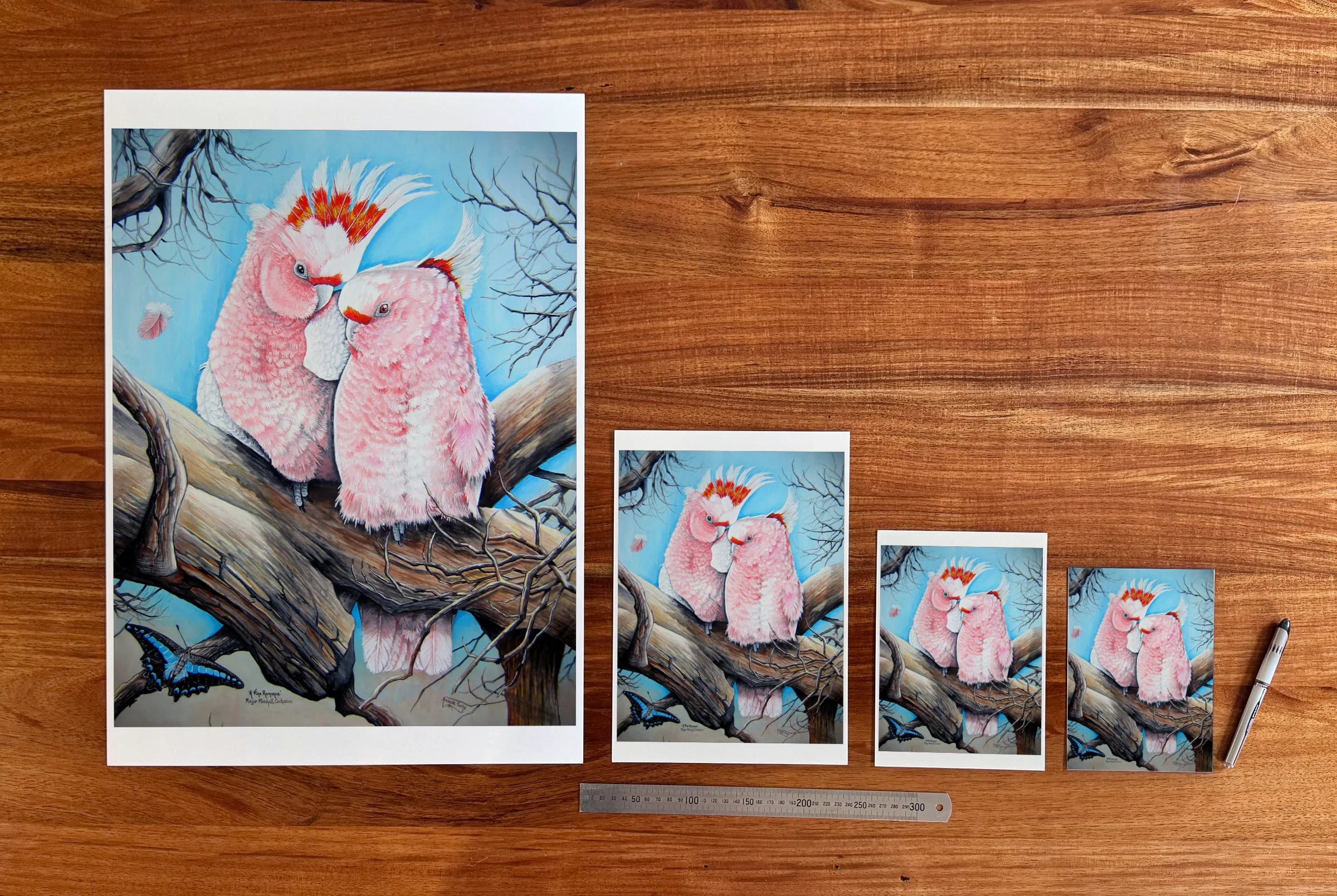 A Fine Romance at each available size: A2 (420 × 594 mm), A4, A5 and 5 × 7 in (127 × 178 mm), beside a 30 cm ruler.
