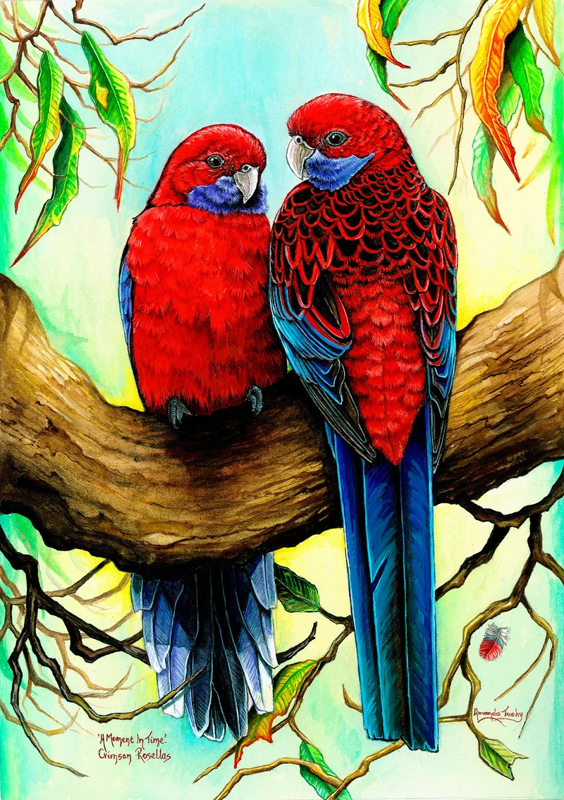 Two crimson rosellas, red with blue cheeks and long blue tails, sit close together on a thick gum branch with their heads turned towards each other, among gum leaves against a pale green and yellow sky.