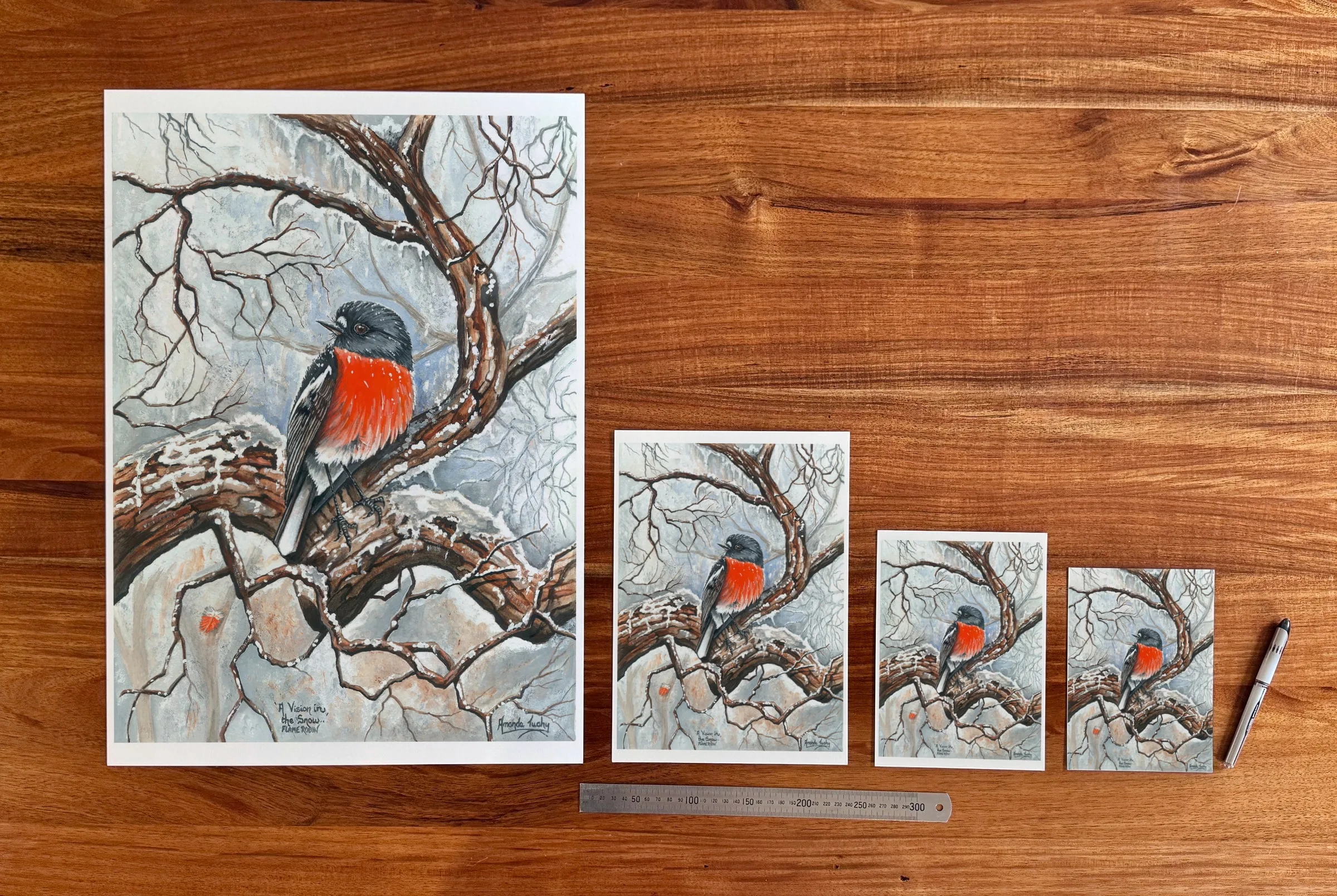 A Vision in the Snow at each available size: A2 (420 × 594 mm), A4, A5 and 5 × 7 in (127 × 178 mm), beside a 30 cm ruler.