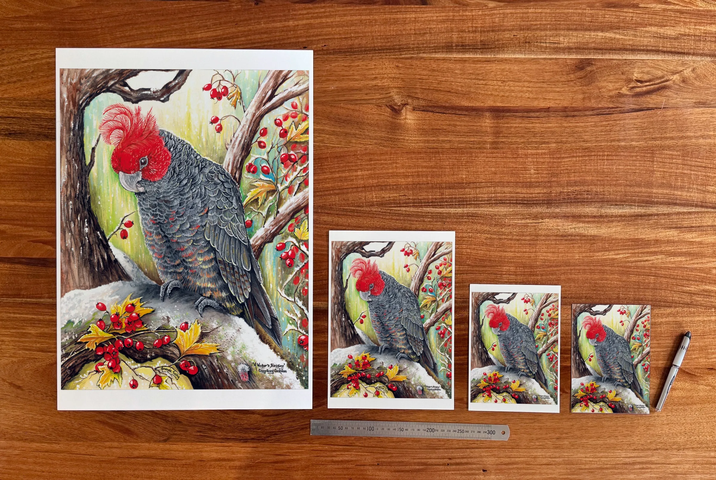 A Winter's Blessing at each available size: A2 (420 × 594 mm), A4, A5 and 5 × 7 in (127 × 178 mm), beside a 30 cm ruler.