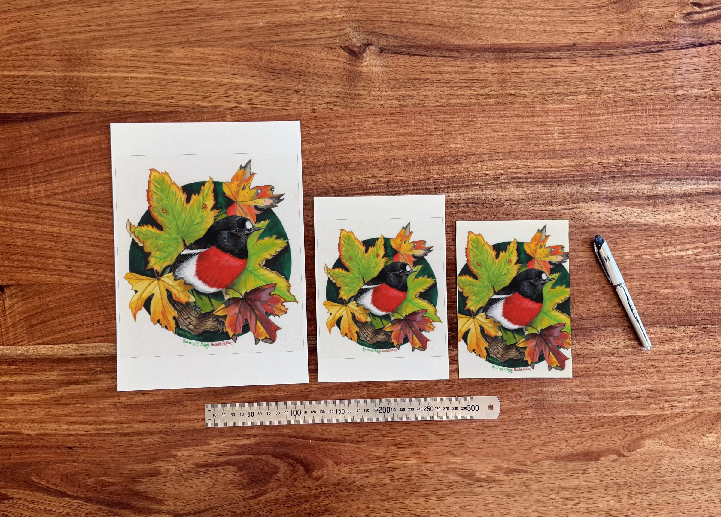 Autumn's Song at each available size: A4 (210 × 297 mm), A5 and 5 × 7 in (127 × 178 mm), beside a 30 cm ruler.