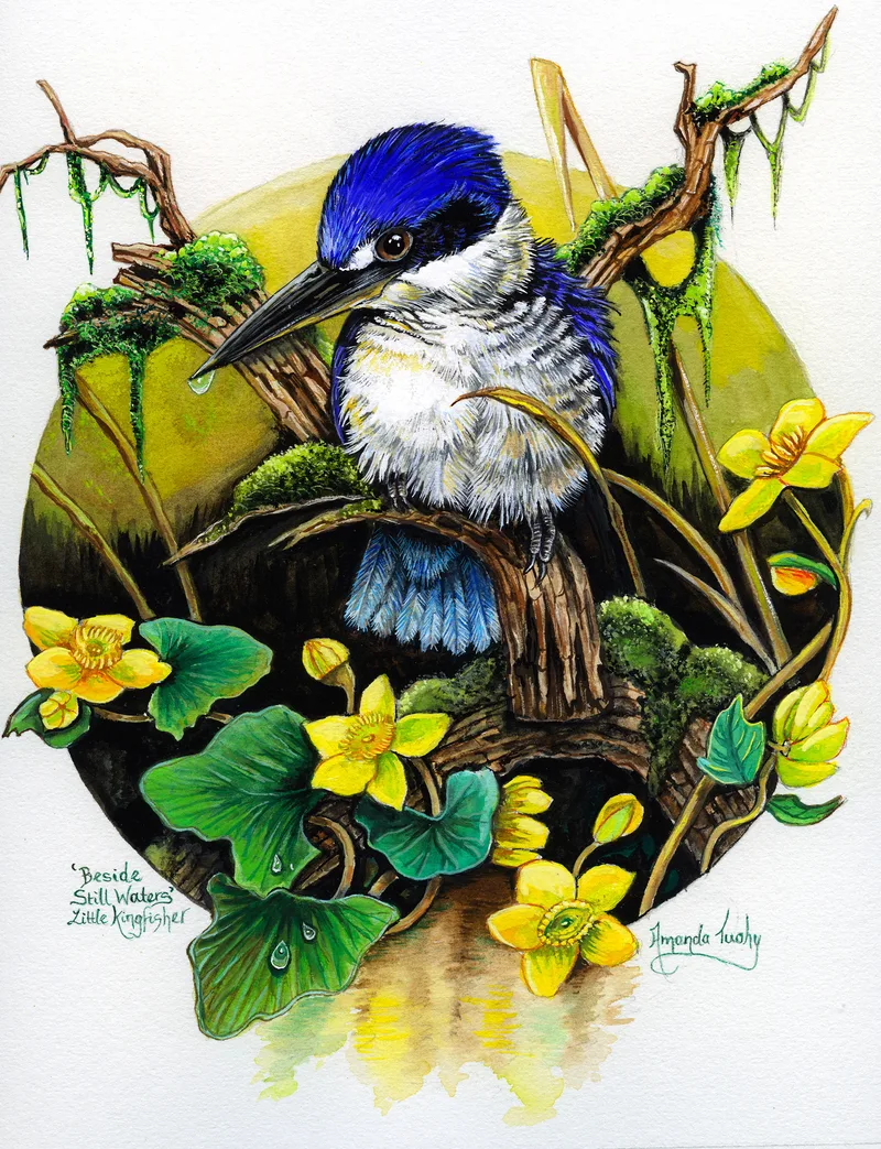 A little kingfisher with a deep blue head and white chest perches among moss and yellow flowers, set in a pale green circle on white paper.