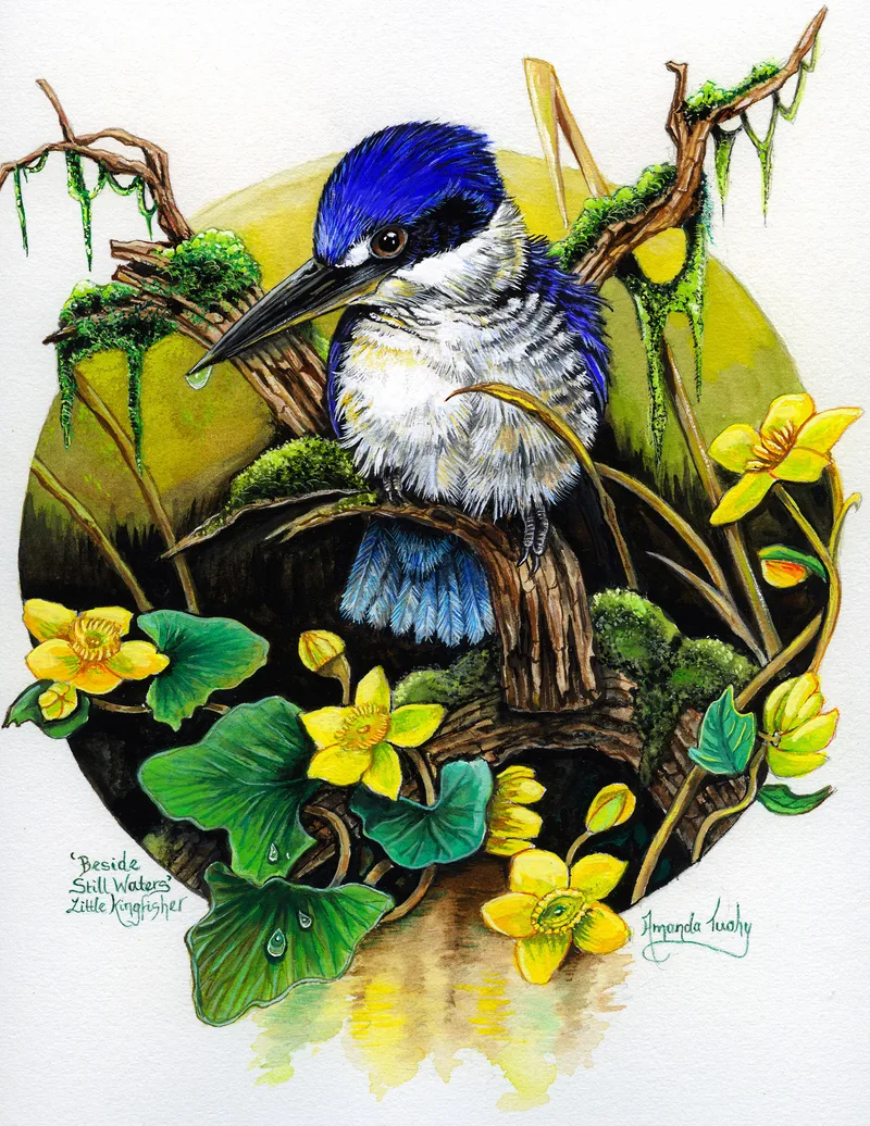 A little kingfisher with a deep blue head and white chest perches among moss and yellow flowers, set in a pale green circle on white paper.