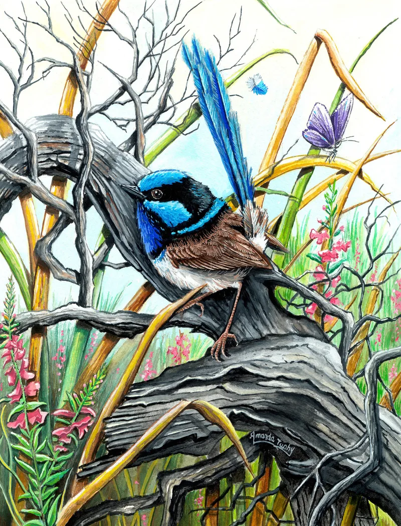 A wren with a bright blue head and a long, upright blue tail perches on a weathered grey log among bare twigs and golden reeds, with pink flowers and a purple butterfly.
