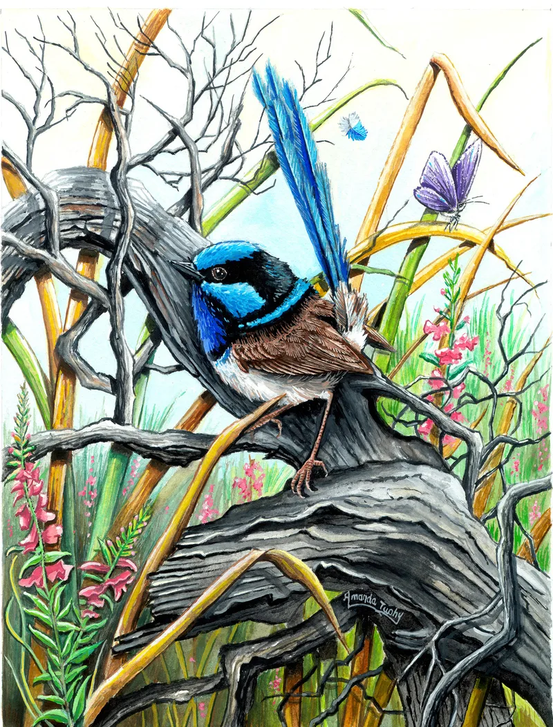 A wren with a bright blue head and a long, upright blue tail perches on a weathered grey log among bare twigs and golden reeds, with pink flowers and a purple butterfly.