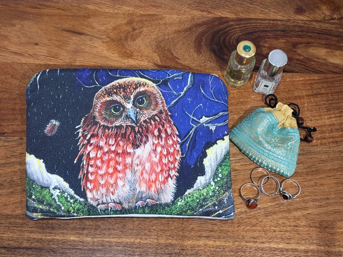 The boobook owl pouch beside rings, a small silk pouch and two perfume bottles, showing its size.
