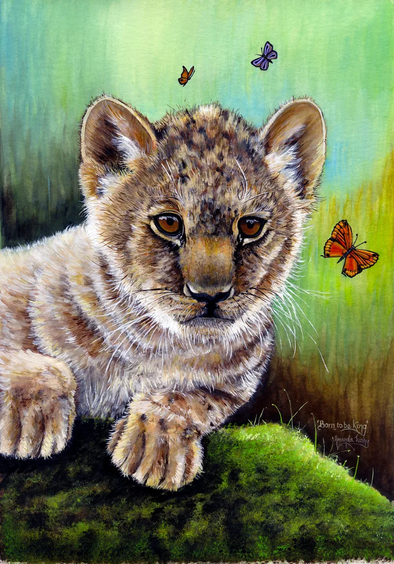 A lion cub with a spotted tan coat and amber eyes lies on a mossy rock and looks straight out of the picture, with three small butterflies around it, against a soft green background.