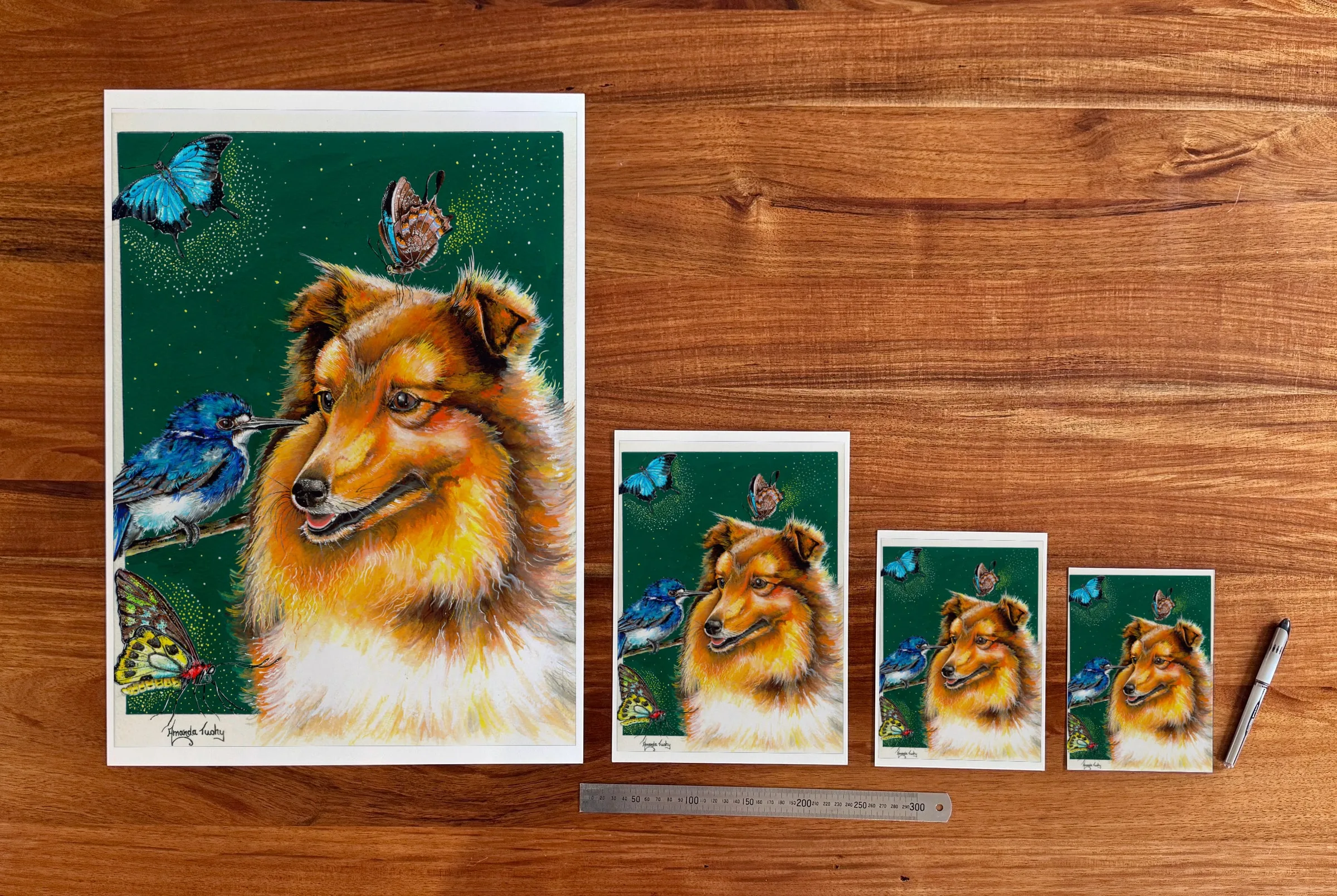 Collie Dog and Kingfisher at each available size: A2 (420 × 594 mm), A4, A5 and 5 × 7 in (127 × 178 mm), beside a 30 cm ruler.