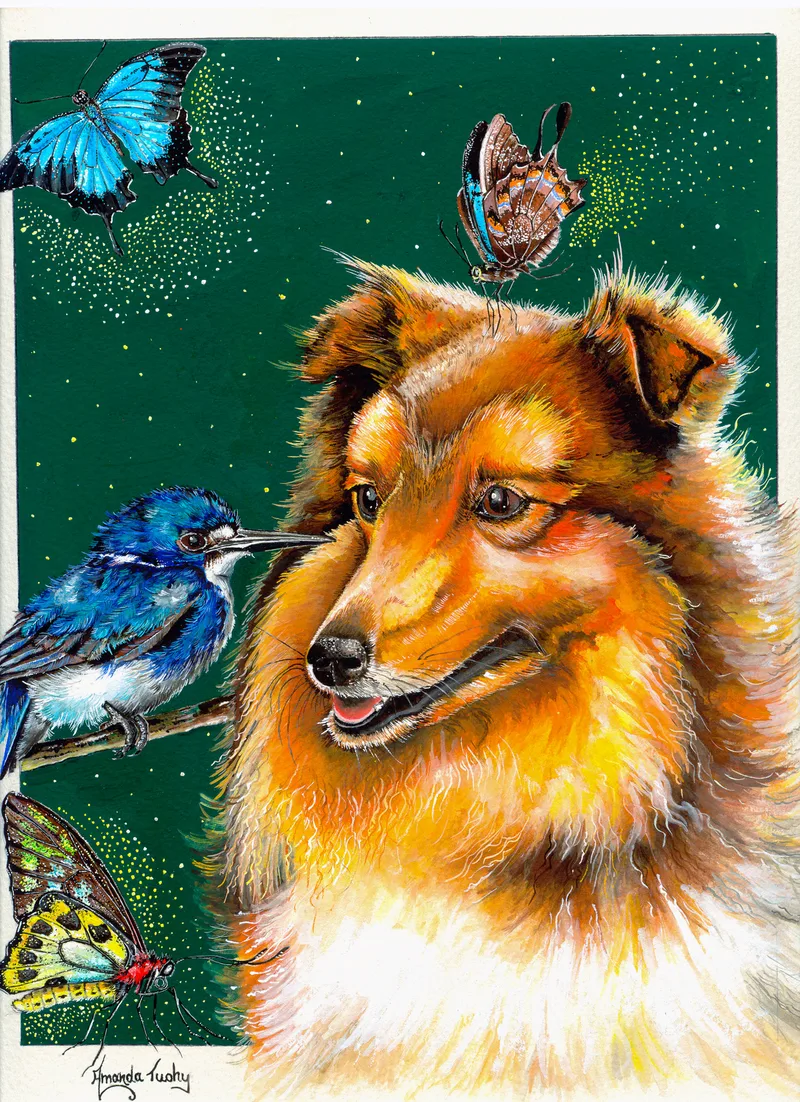A collie with a golden-orange coat looks at a small blue and white kingfisher perched on a twig beside its face, with a butterfly on its head and two more nearby, against a dark green background flecked with light.