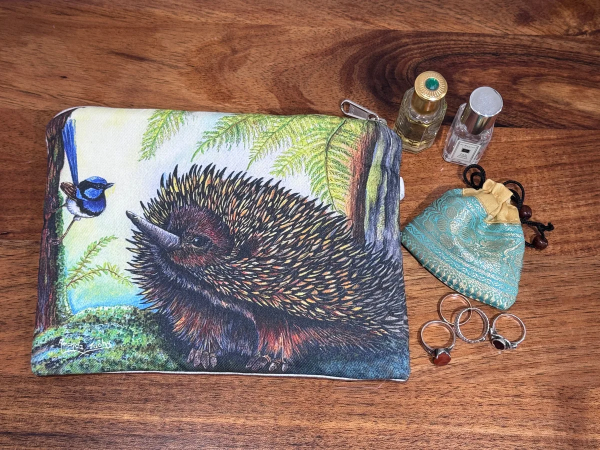 The echidna pouch beside rings, a small silk pouch and two perfume bottles, showing its size.