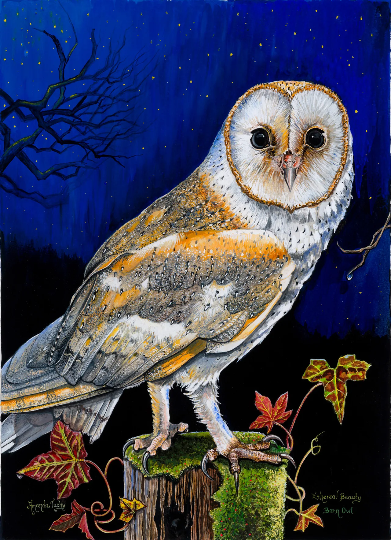 A barn owl with a white, heart-shaped face and golden, speckled wings stands on a mossy post among red ivy leaves, against a starry night sky with a bare tree.