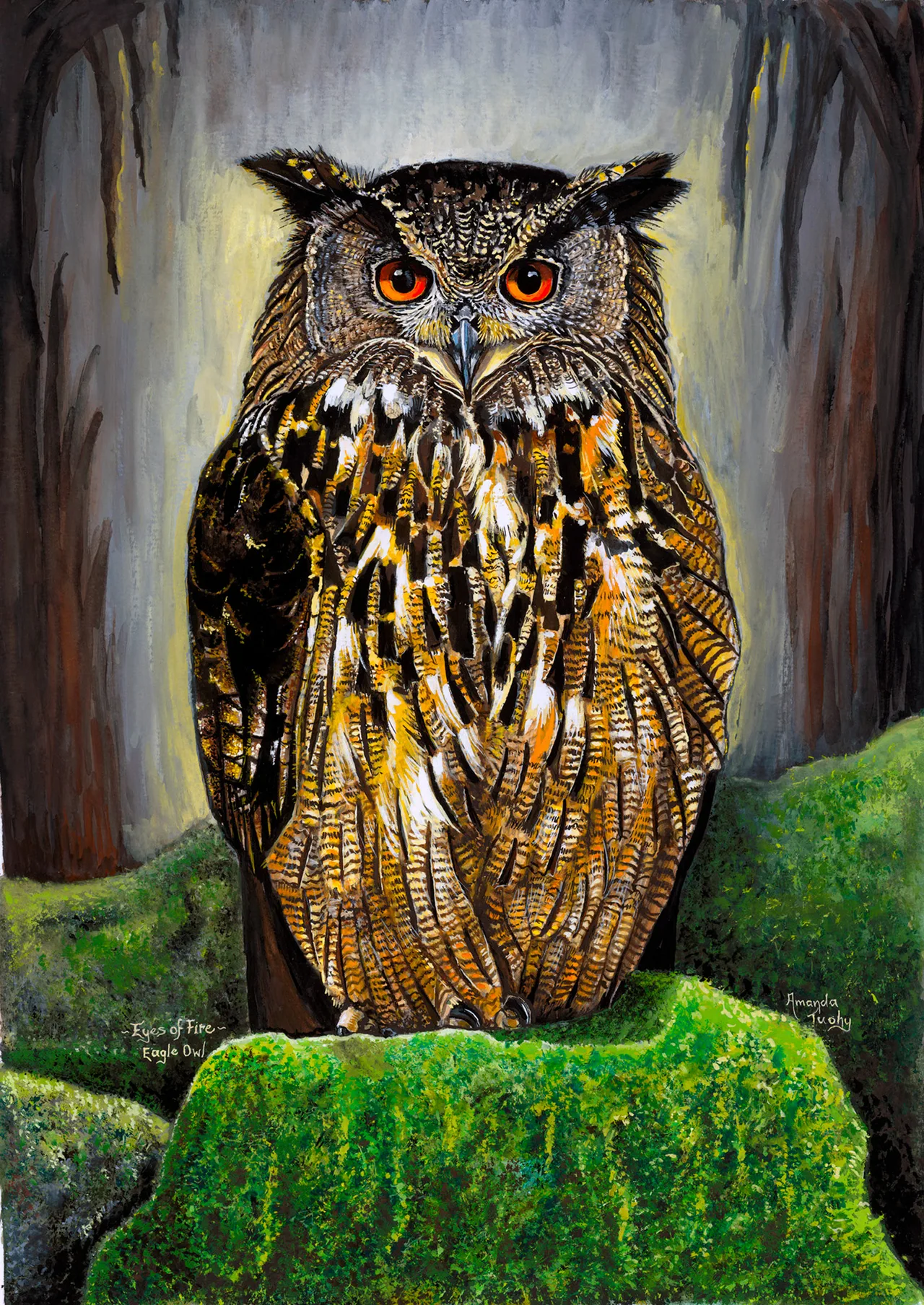 An eagle owl with fiery orange eyes and tall ear tufts stands upright on a moss-covered stump, in front of dark tree trunks.