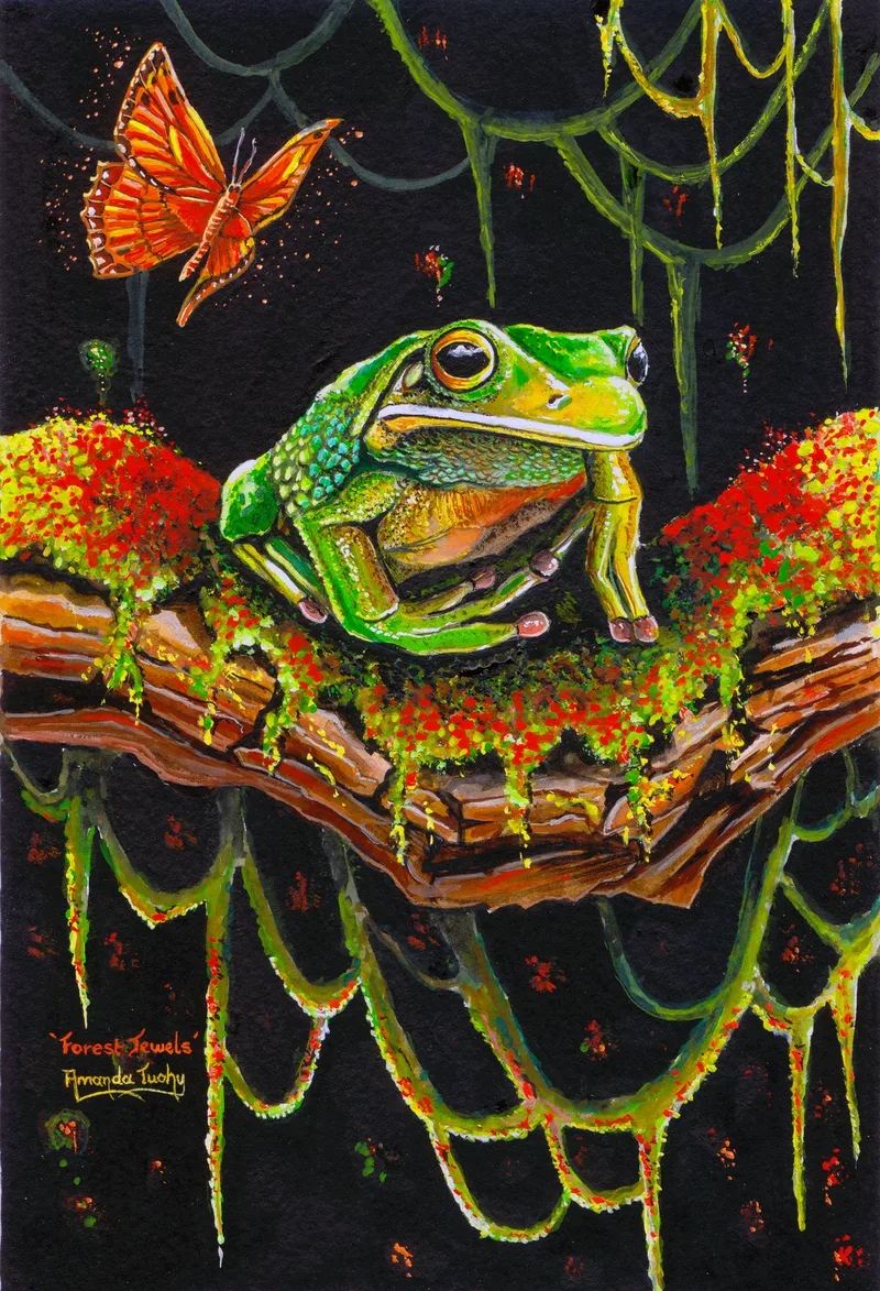 A green tree frog with large golden eyes sits on a mossy branch dotted with red and yellow, with an orange butterfly above it and strands of moss hanging against a black background.