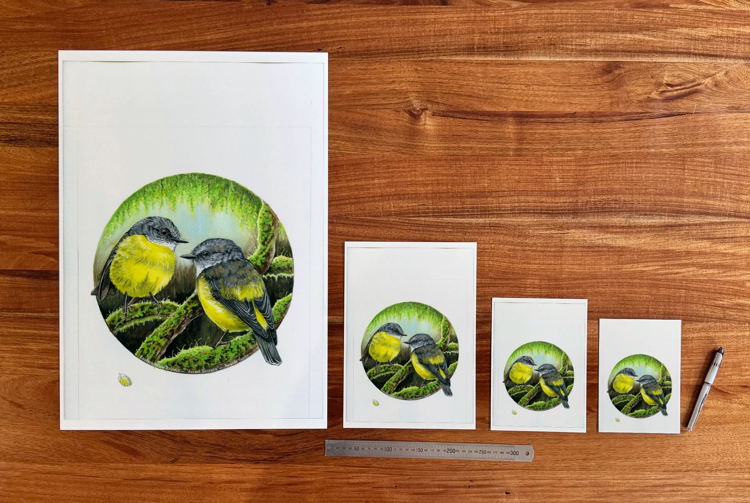 Forest Secrets at each available size: A2 (420 × 594 mm), A4, A5 and 5 × 7 in (127 × 178 mm), beside a 30 cm ruler.