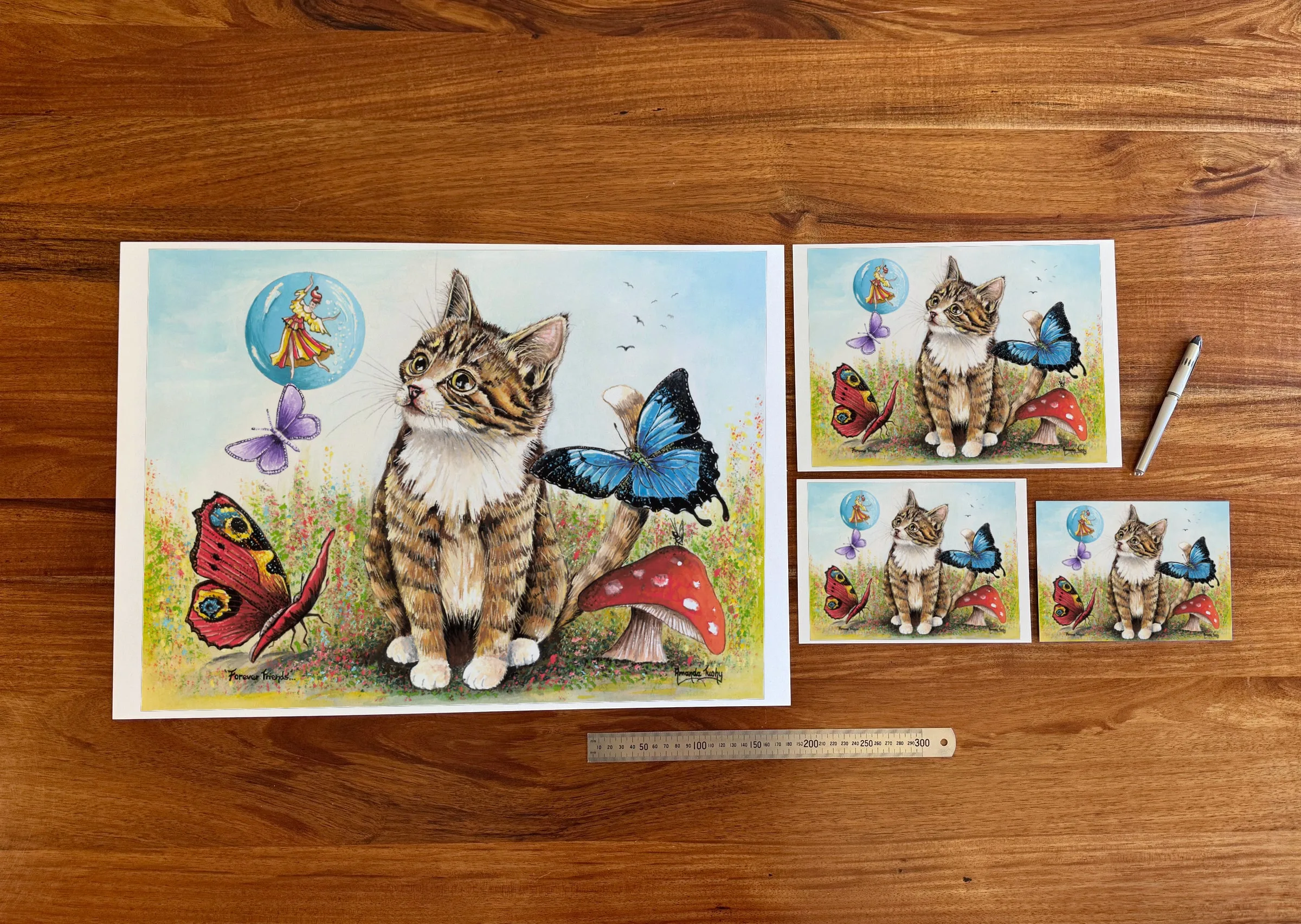 Forever Friends at each available size: A2 (420 × 594 mm), A4, A5 and 5 × 7 in (127 × 178 mm), beside a 30 cm ruler.