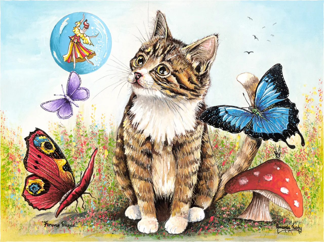 A tabby kitten with a white chest sits in a flowering meadow and gazes up at a fairy in a bubble, among purple, blue and red butterflies, beside a red and white toadstool.