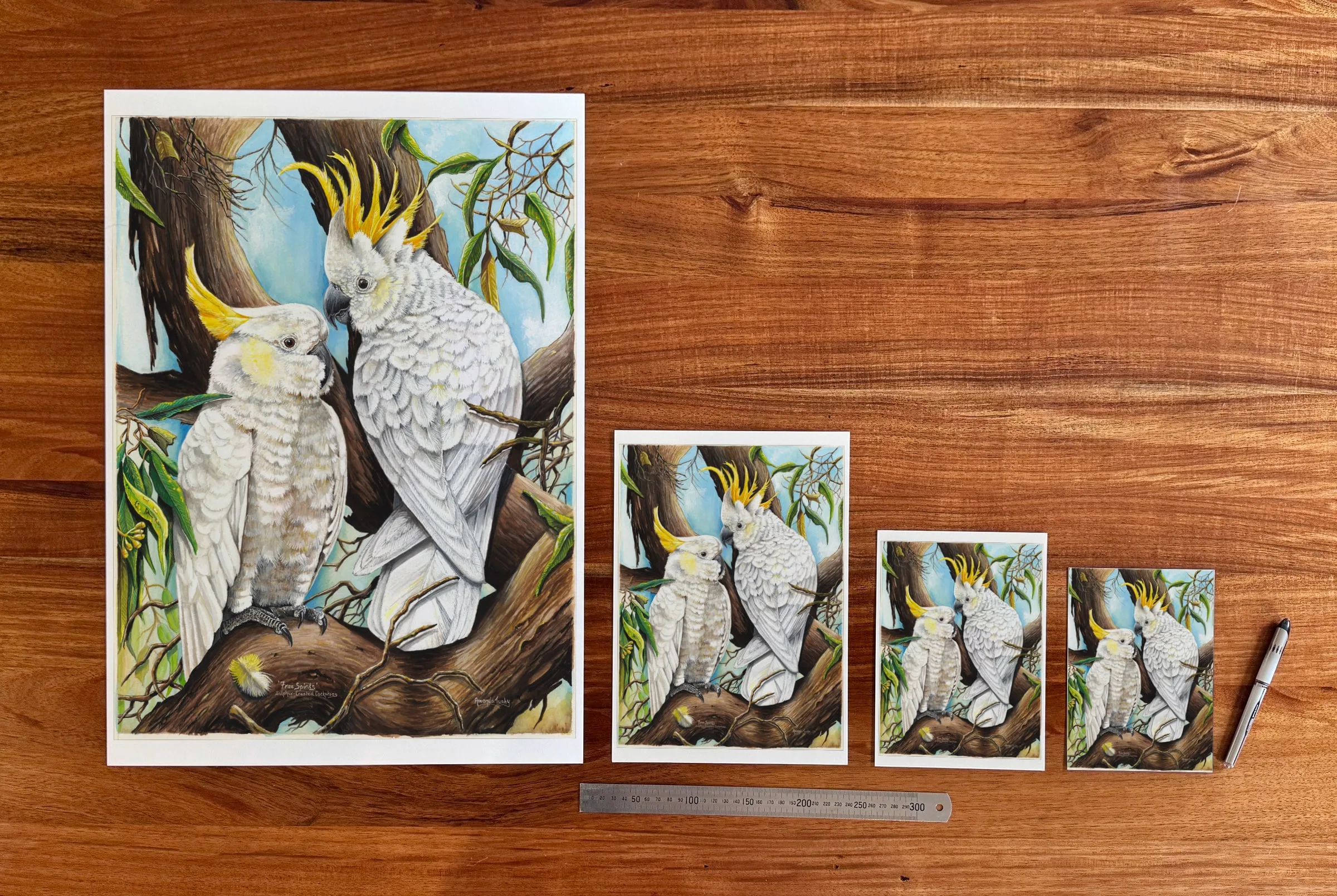 Free Spirits at each available size: A2 (420 × 594 mm), A4, A5 and 5 × 7 in (127 × 178 mm), beside a 30 cm ruler.