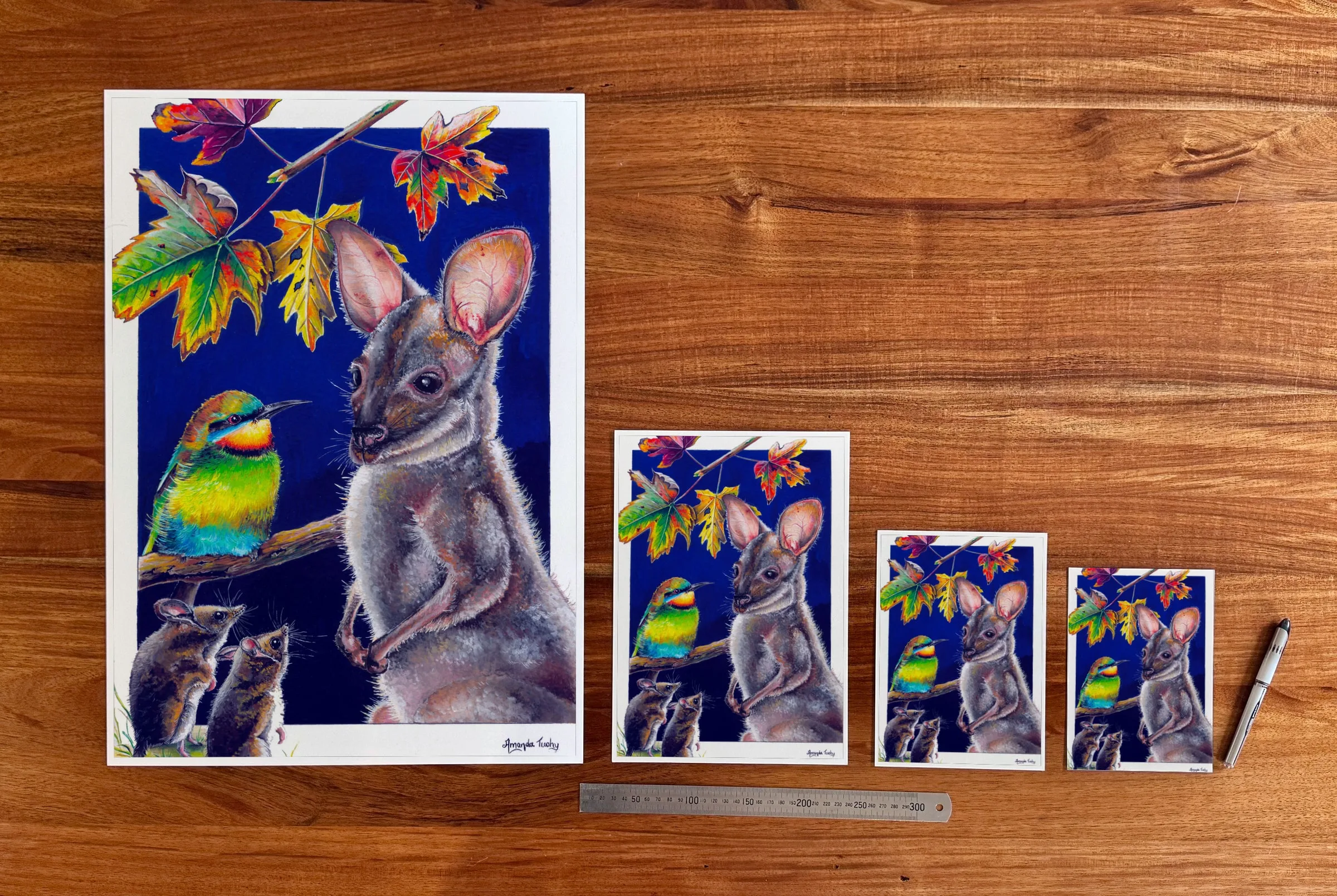 Friends for All Seasons at each available size: A2 (420 × 594 mm), A4, A5 and 5 × 7 in (127 × 178 mm), beside a 30 cm ruler.