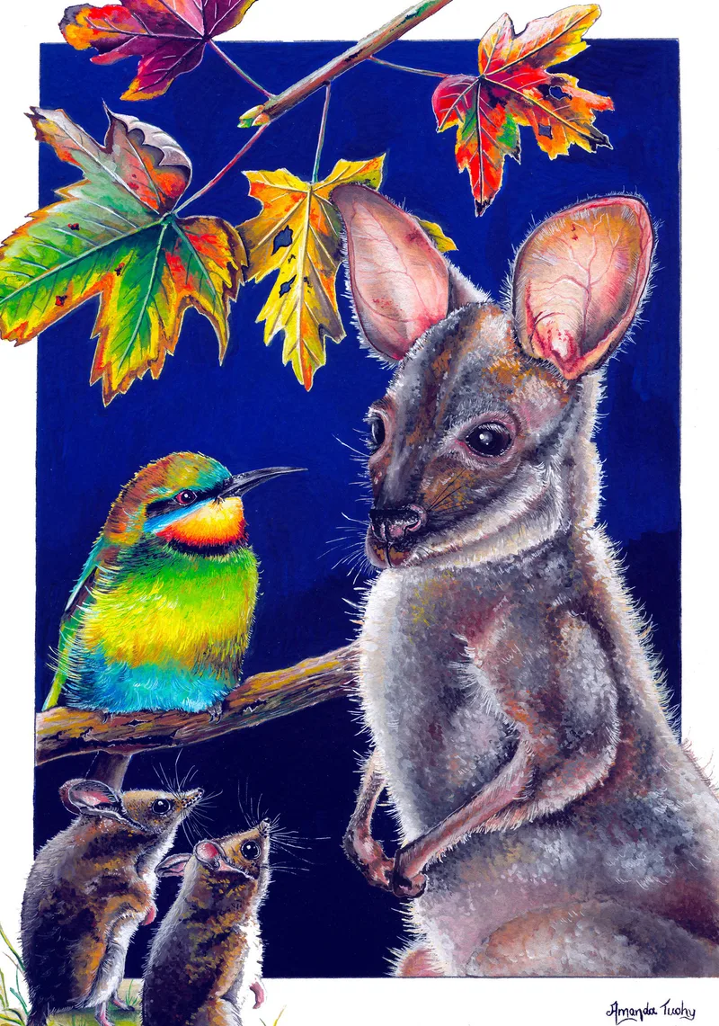 A grey kangaroo joey with large pink-lined ears stands beside a rainbow bee-eater on a twig and two small mouse-like animals, under autumn leaves against a deep blue background.
