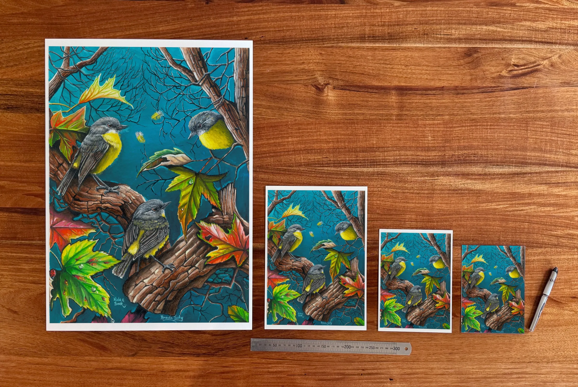 Hide and Seek at each available size: A2 (420 × 594 mm), A4, A5 and 5 × 7 in (127 × 178 mm), beside a 30 cm ruler.