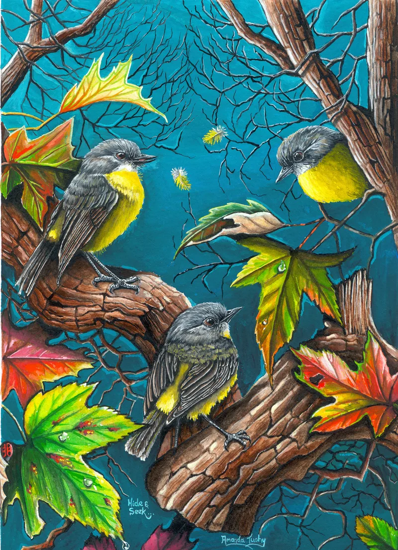 Three eastern yellow robins, grey with yellow breasts, perch among gnarled branches and red, yellow and green autumn leaves against a deep teal background.