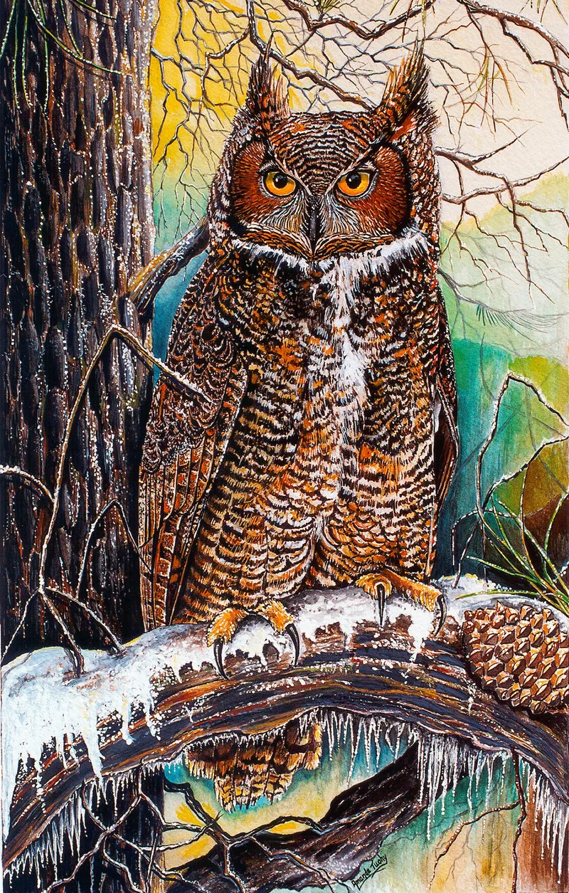 A horned owl with tall ear tufts, orange eyes and finely barred brown feathers perches on a snowy, icicle-hung branch beside a pine cone, in front of a dark tree trunk.