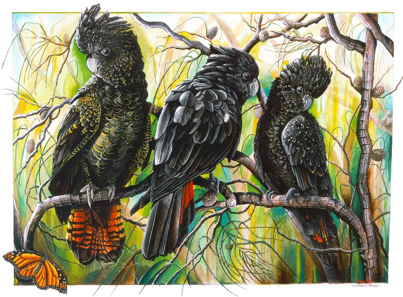 Three red-tailed black cockatoos perched on bare, curving branches against a luminous green and yellow bush, with an orange butterfly at lower left.