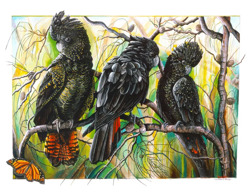 Three red-tailed black cockatoos perched on bare, curving branches against a luminous green and yellow bush, with an orange butterfly at lower left.