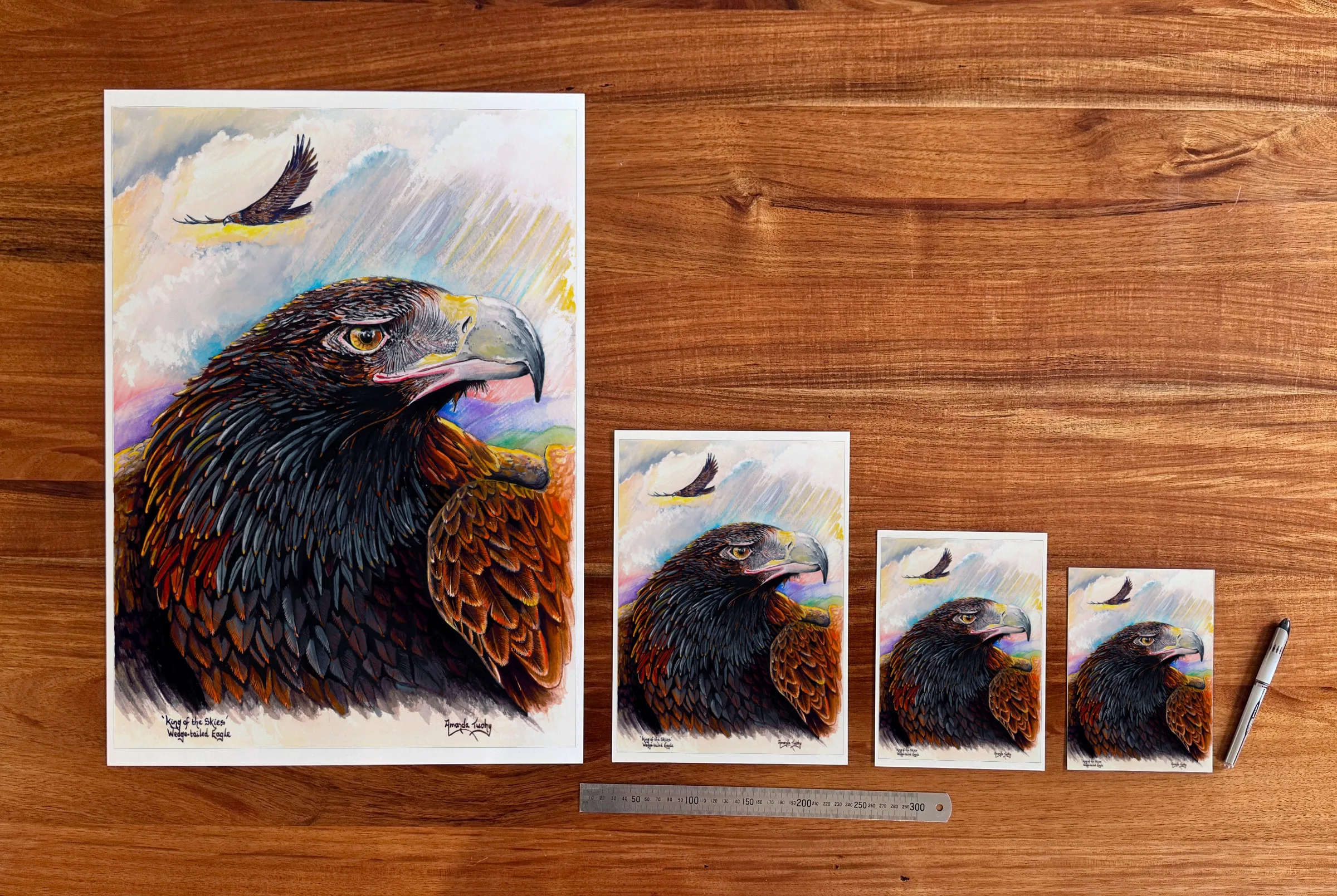 King of the Skies at each available size: A2 (420 × 594 mm), A4, A5 and 5 × 7 in (127 × 178 mm), beside a 30 cm ruler.