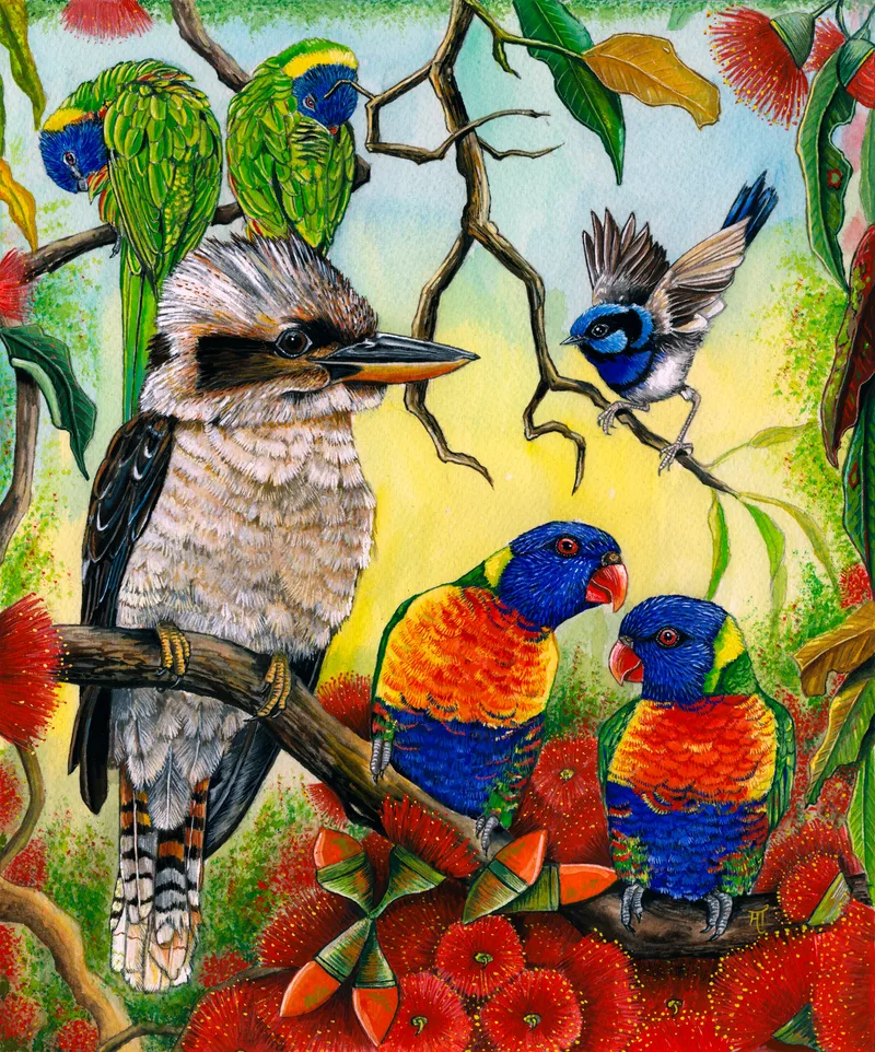 A kookaburra perches on a branch among red gum blossoms, with two rainbow lorikeets below it, two green lorikeets seen from behind at the top left and a small blue wren on a twig at the top right.