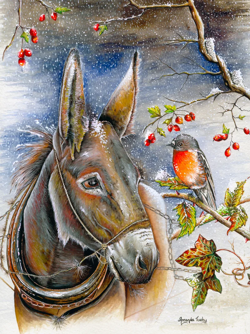 A brown donkey in a rope halter and harness, snow on its ears, turns towards a robin with an orange-red breast perched on a branch of red rosehips and ivy, as snow falls.