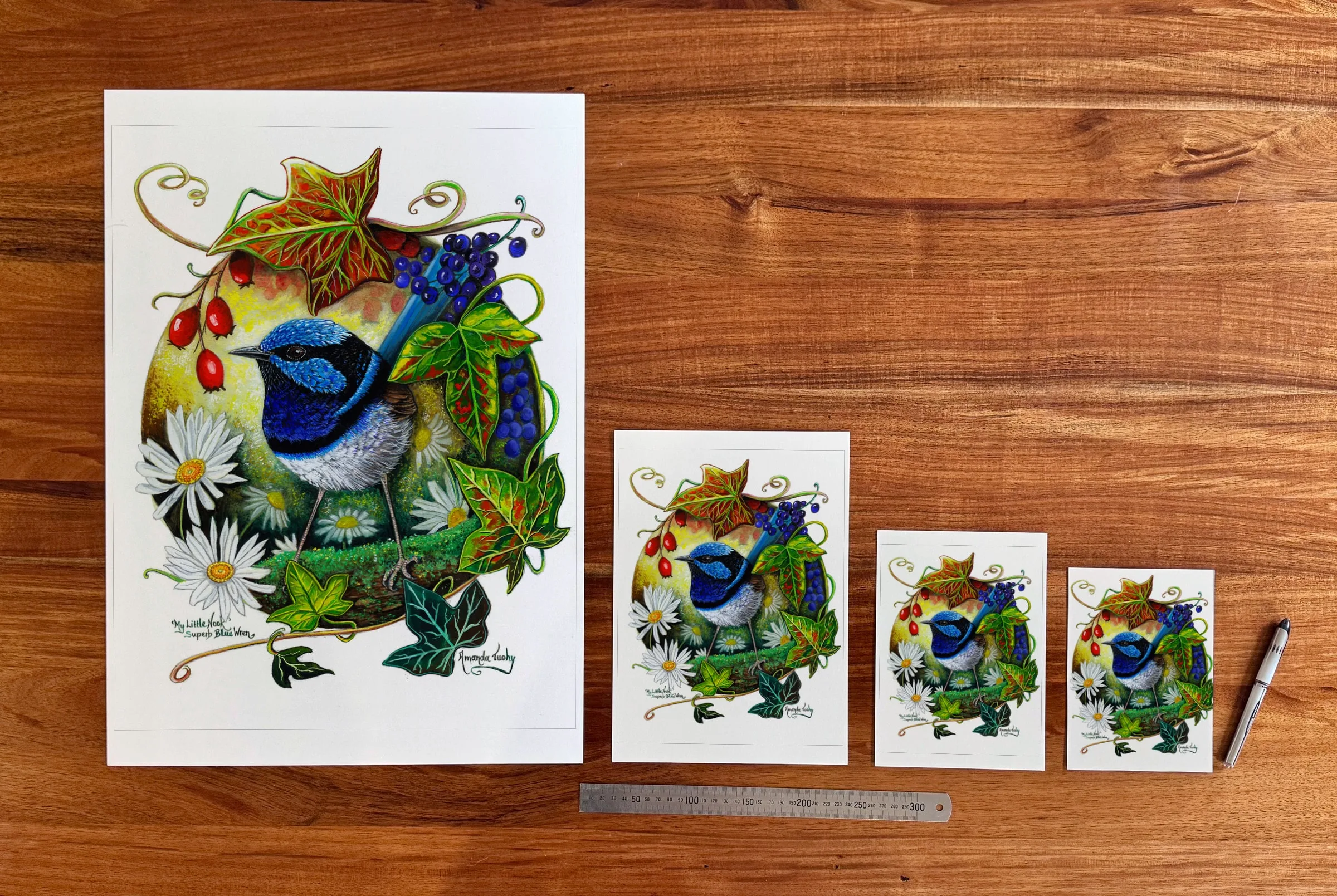 My Little Nook at each available size: A2 (420 × 594 mm), A4, A5 and 5 × 7 in (127 × 178 mm), beside a 30 cm ruler.