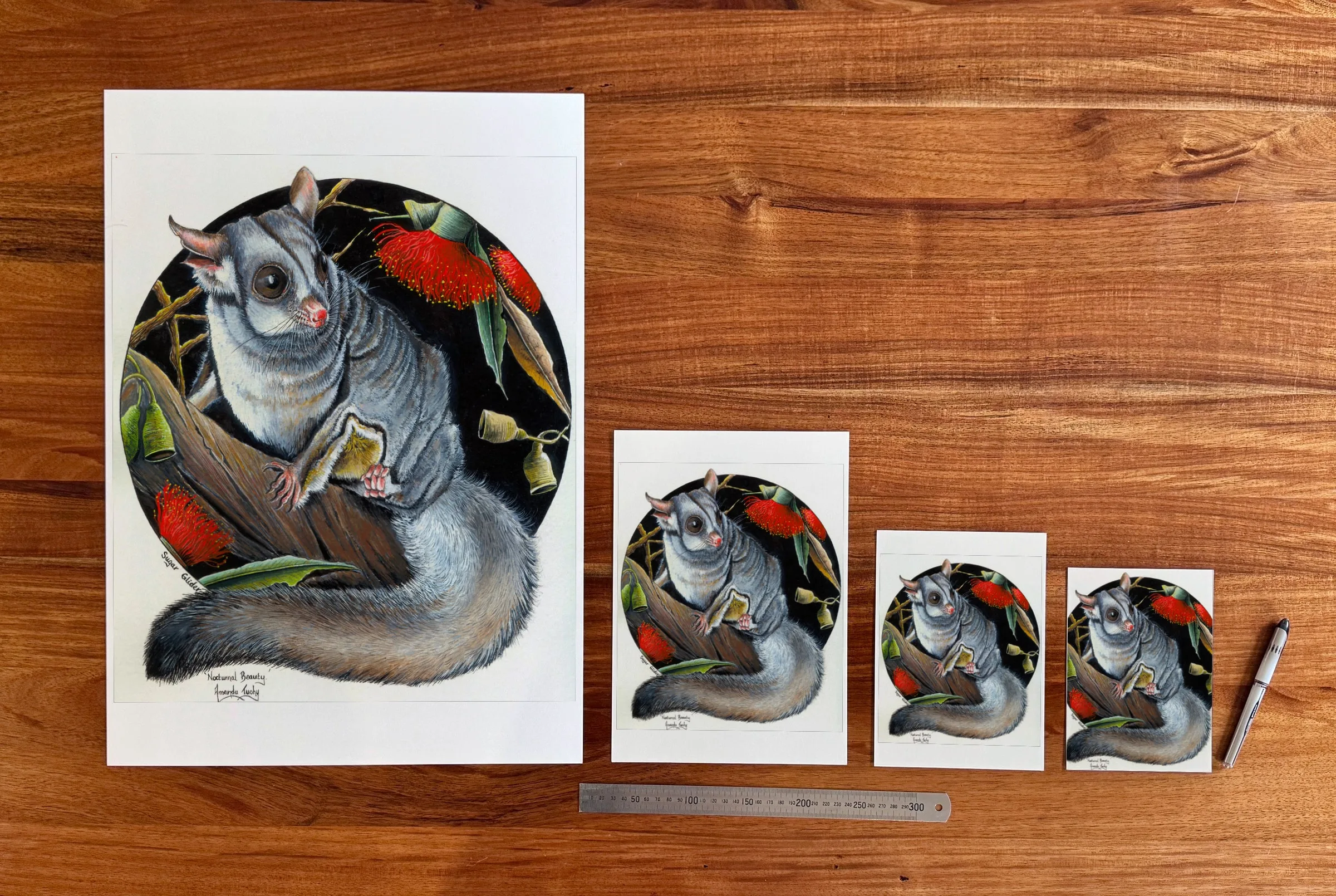 Nocturnal Beauty at each available size: A2 (420 × 594 mm), A4, A5 and 5 × 7 in (127 × 178 mm), beside a 30 cm ruler.