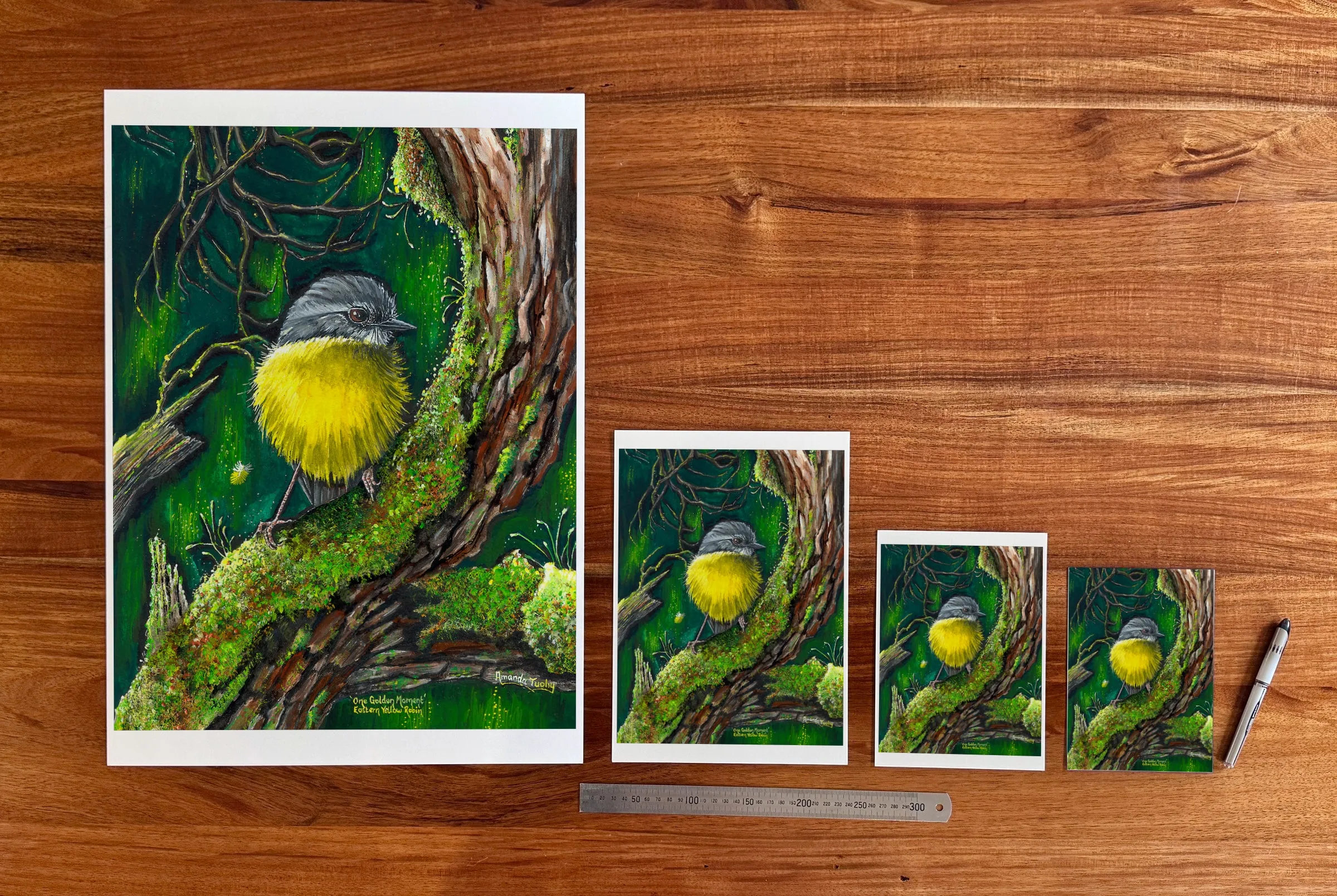 One Golden Moment at each available size: A2 (420 × 594 mm), A4, A5 and 5 × 7 in (127 × 178 mm), beside a 30 cm ruler.