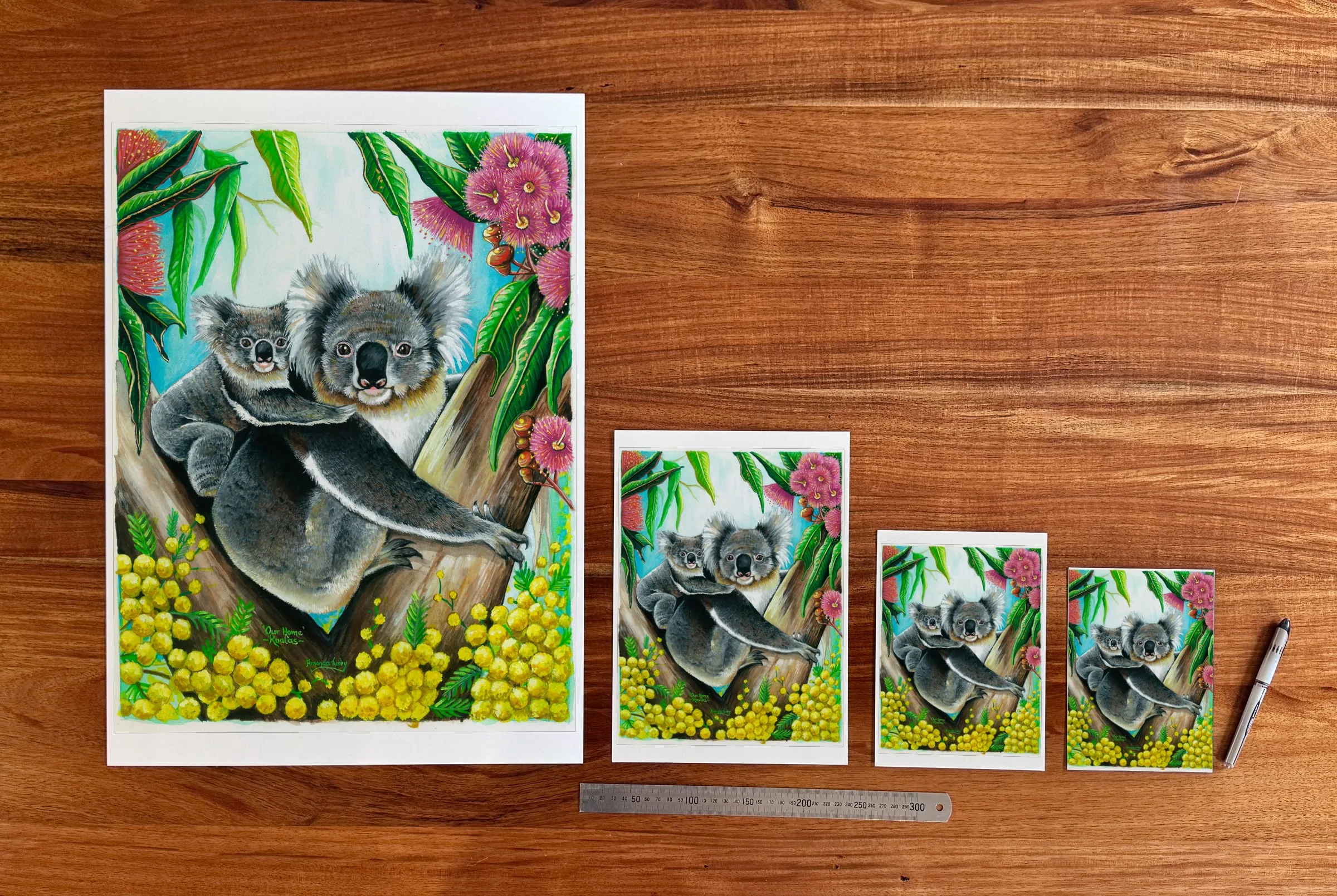 Our Home at each available size: A2 (420 × 594 mm), A4, A5 and 5 × 7 in (127 × 178 mm), beside a 30 cm ruler.