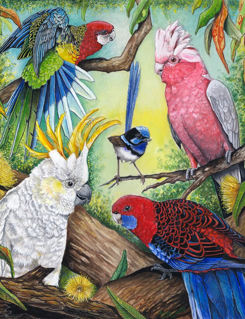A crowd of Australian birds among gum branches: a pink and grey galah, a white cockatoo with a yellow crest, two rosellas and a small superb fairy-wren.