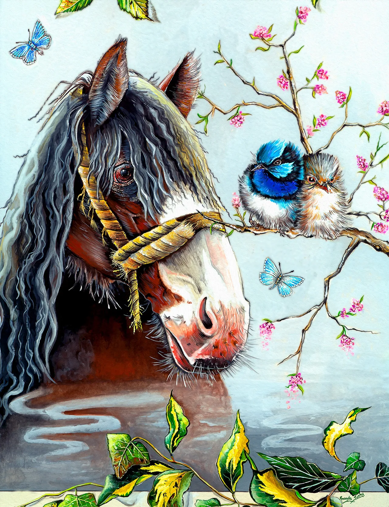 A Clydesdale horse with a long, wavy grey mane and a rope halter lowers its head towards water, while a blue male fairy-wren and a brown female sit together on a blossoming branch beside it, with pale blue butterflies and ivy.