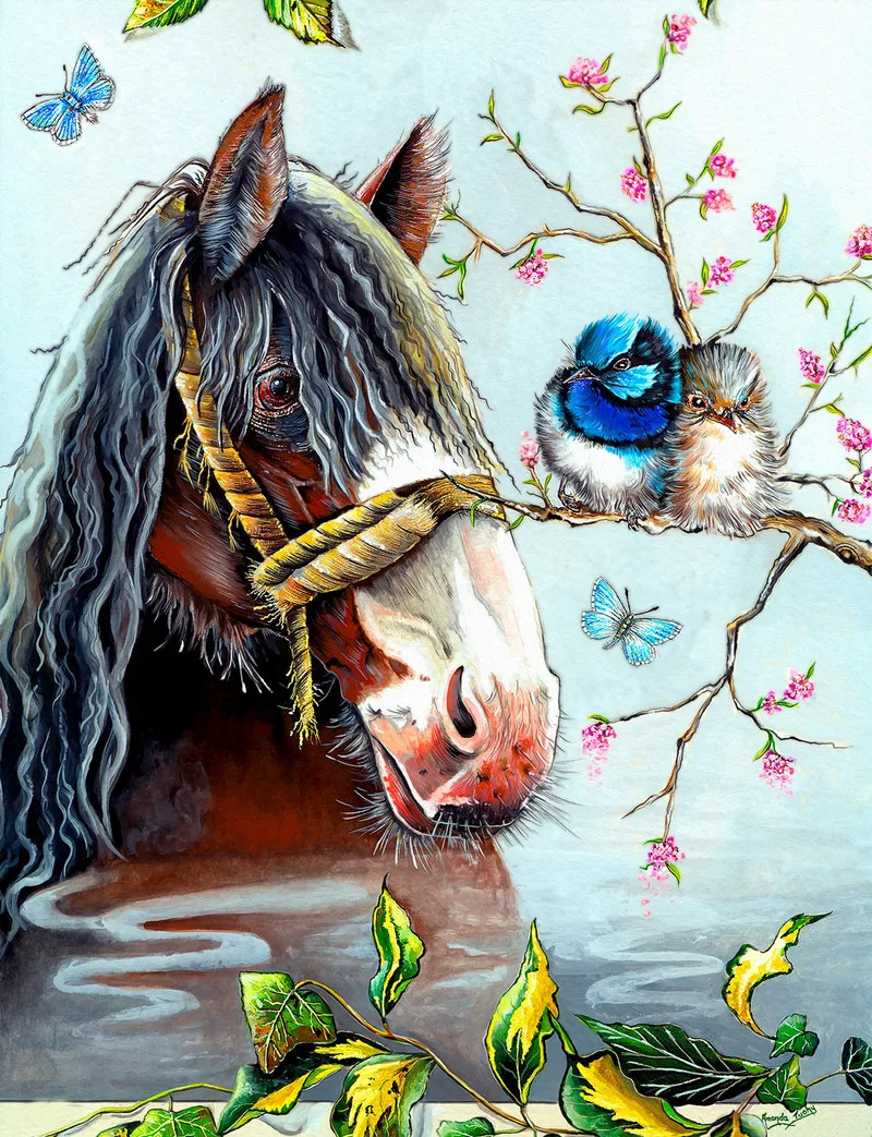 A Clydesdale horse with a long, wavy grey mane and a rope halter lowers its head towards water, while a blue male fairy-wren and a brown female sit together on a blossoming branch beside it, with pale blue butterflies and ivy.