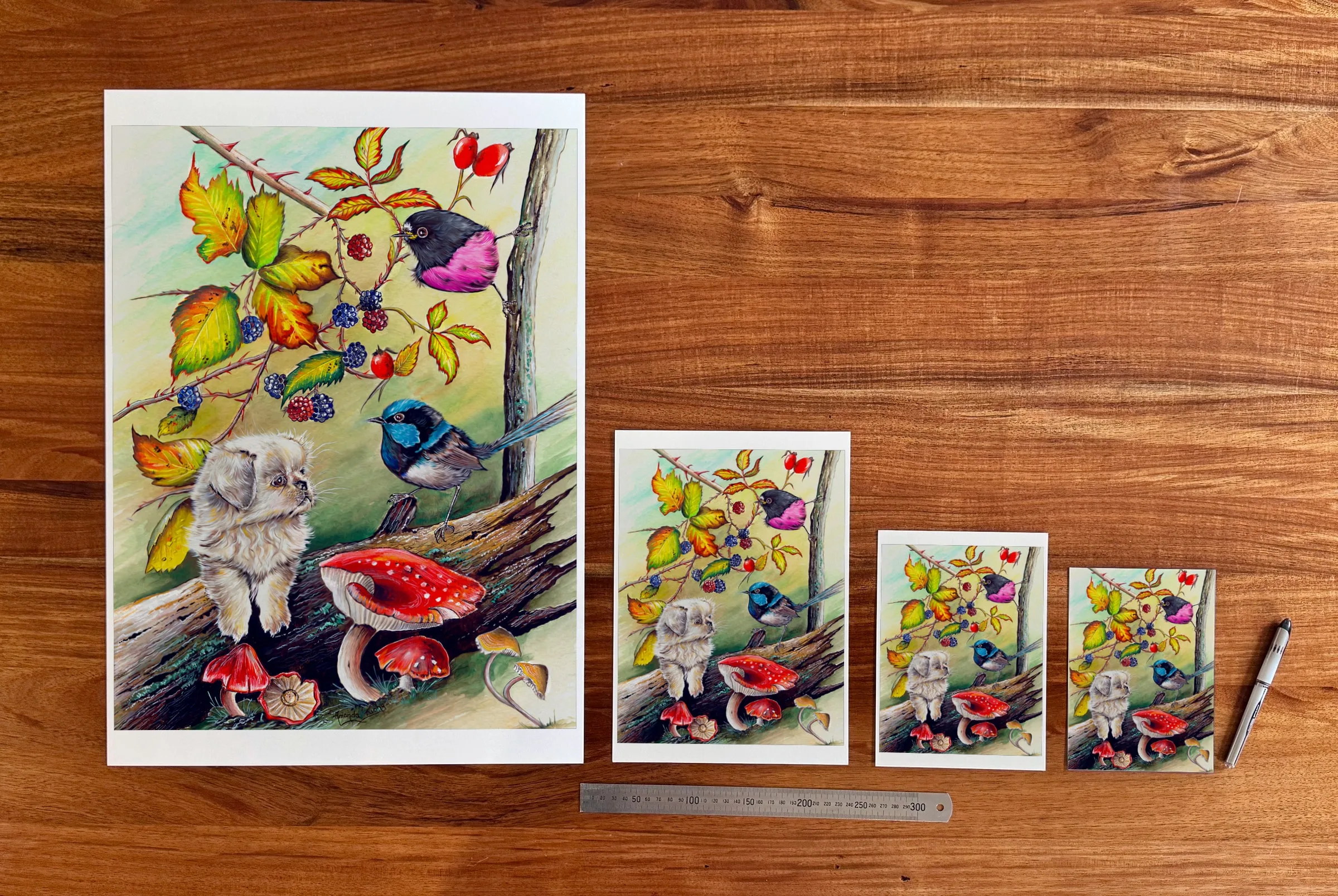 Puppy and Birds at each available size: A2 (420 × 594 mm), A4, A5 and 5 × 7 in (127 × 178 mm), beside a 30 cm ruler.
