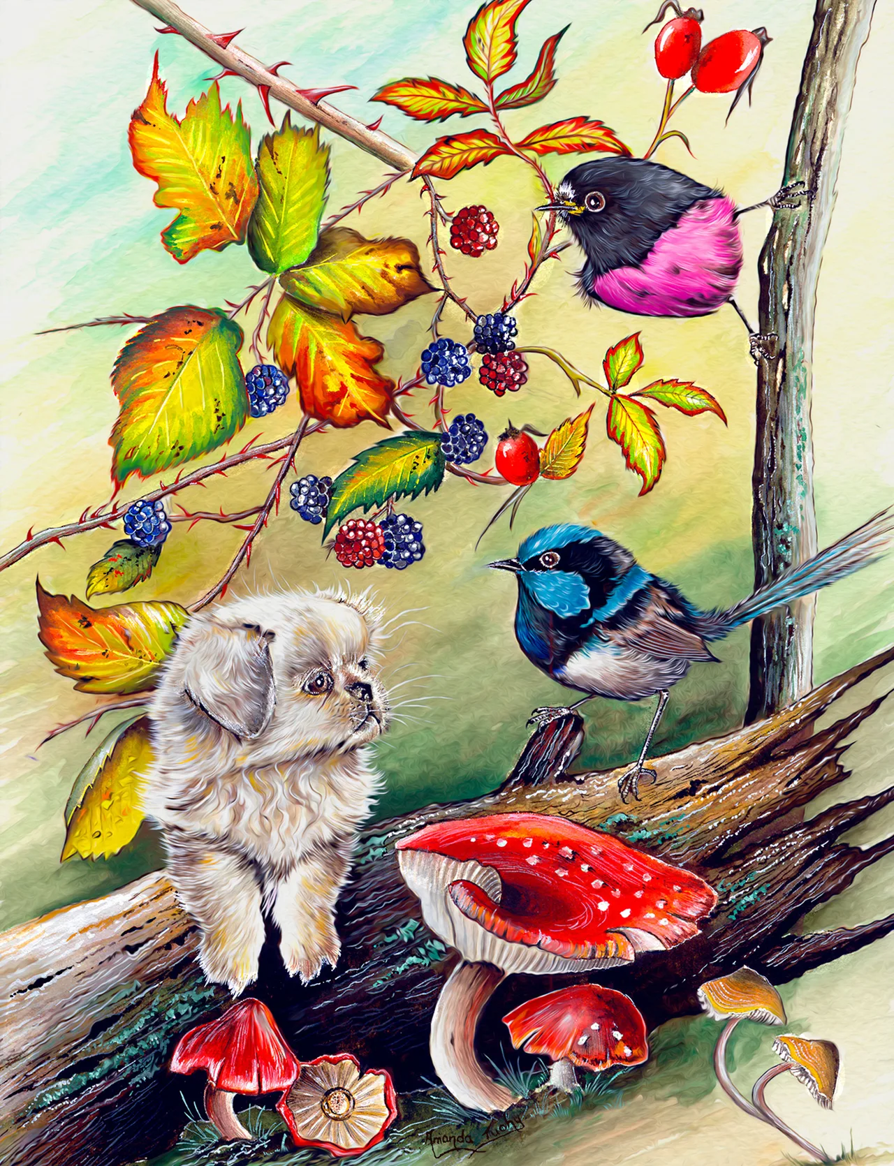 A fluffy cream puppy sits on a fallen log under bramble berries and autumn leaves, looking up at a wren with a bright blue head and a black and pink robin, beside red toadstools.