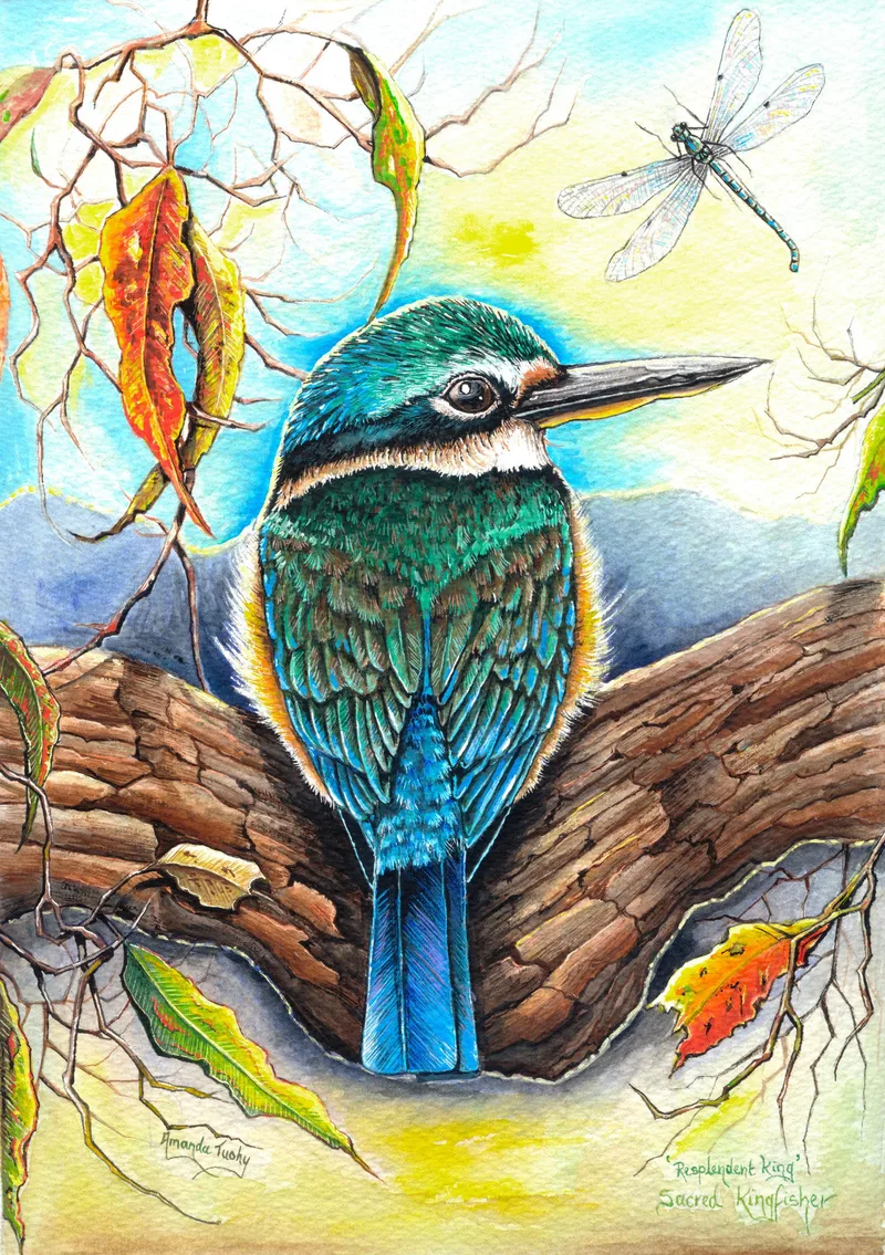 A sacred kingfisher, turquoise-green with a long dark bill and a cream collar, sits in the hollow of a fallen log looking over its shoulder, with a dragonfly above and autumn gum leaves around it.