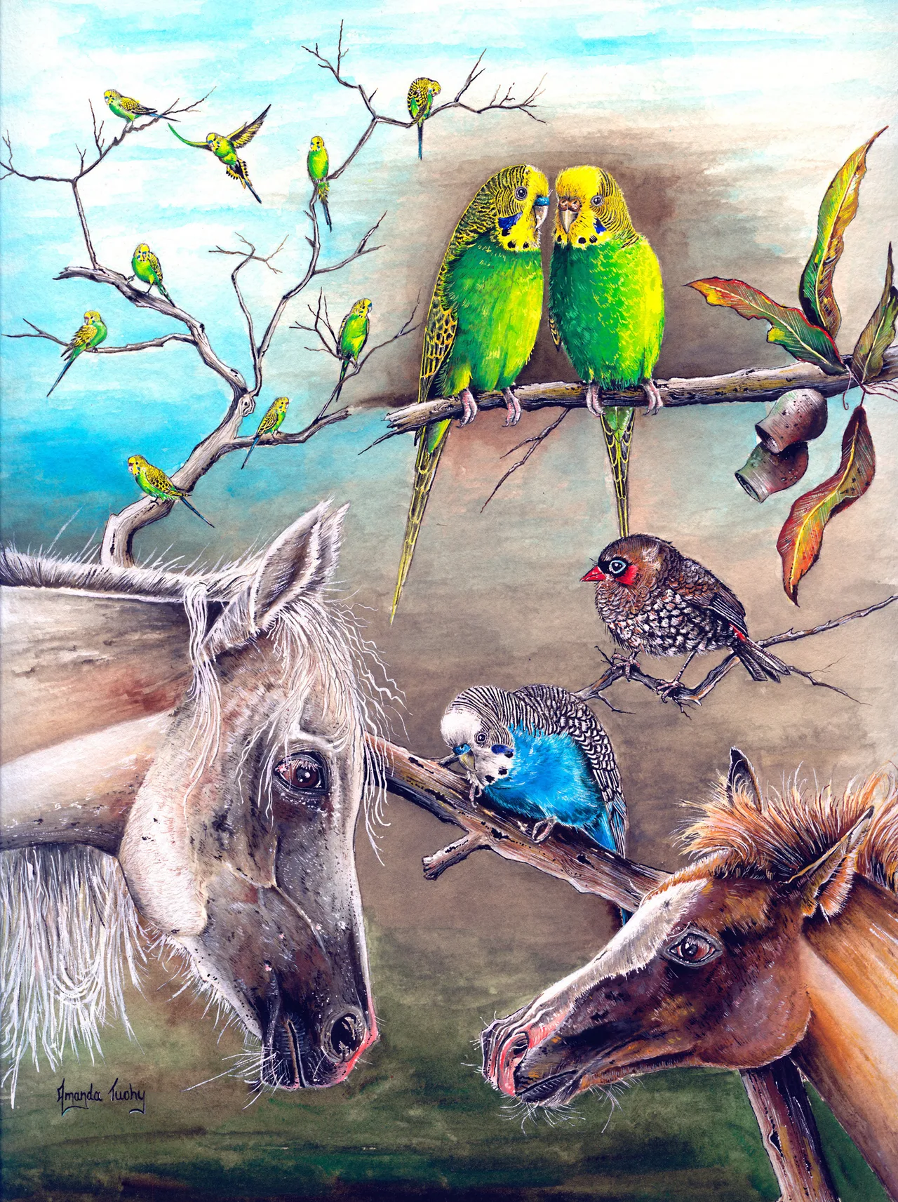 A pale grey horse and a chestnut horse lean in nose to nose beneath a branch where a blue budgerigar and a small red-faced finch perch, with green budgerigars above and a flock of small budgerigars on bare twigs behind.