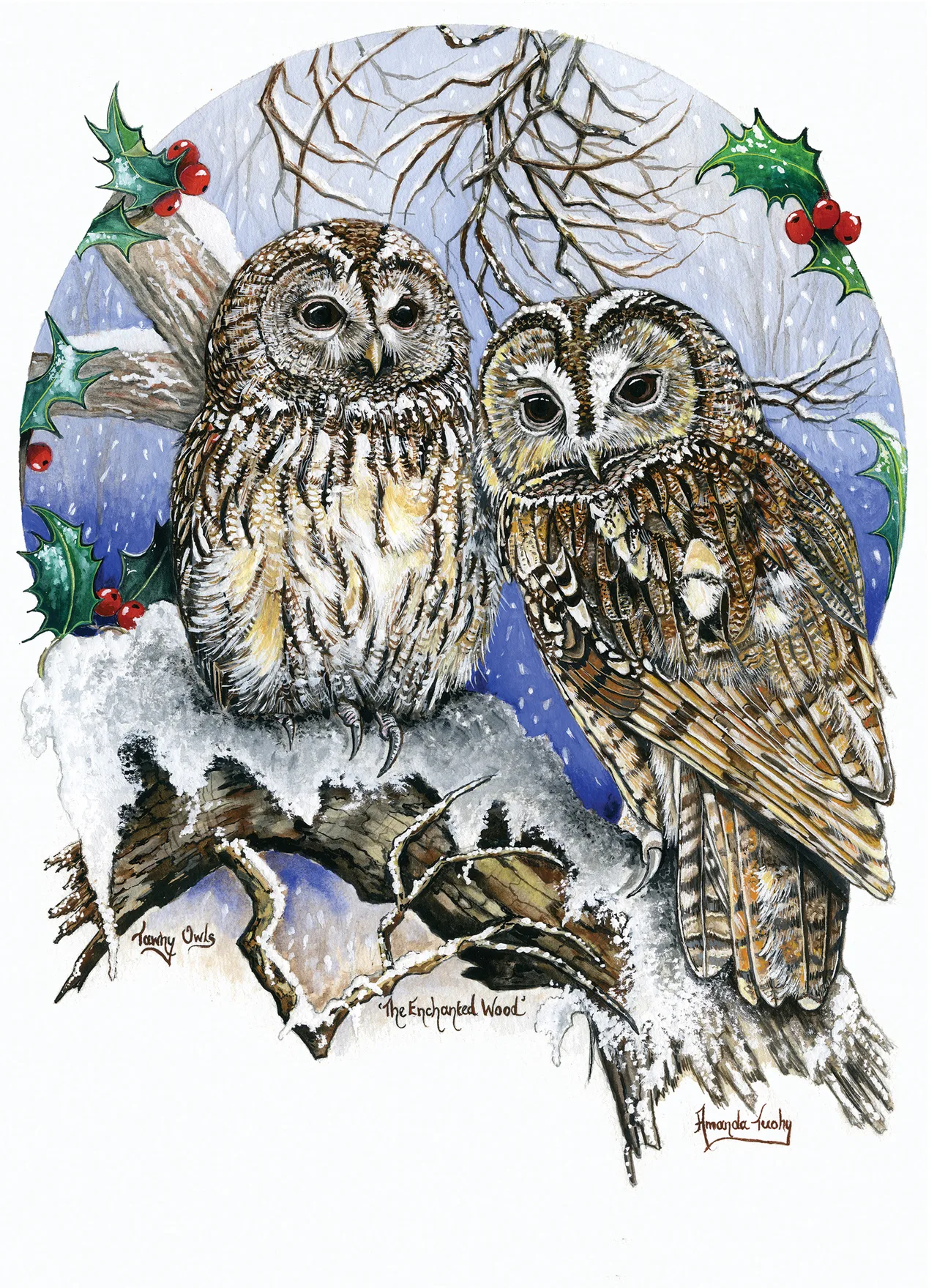 Two tawny owls with dark eyes and streaked brown and cream feathers sit side by side on a snowy branch, framed by a pale circle of falling snow with holly leaves and red berries.