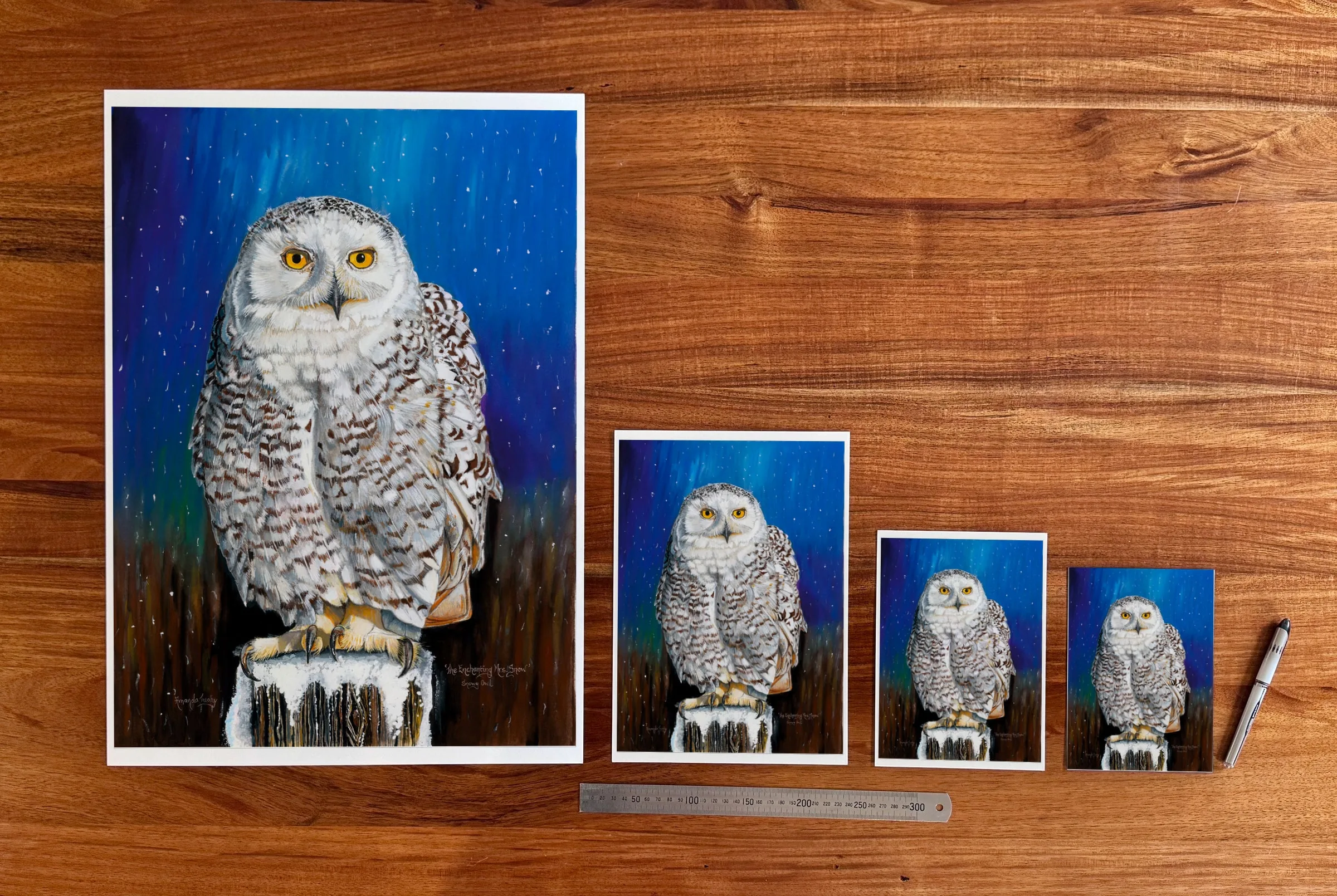 The Enchanting Mrs Snow at each available size: A2 (420 × 594 mm), A4, A5 and 5 × 7 in (127 × 178 mm), beside a 30 cm ruler.
