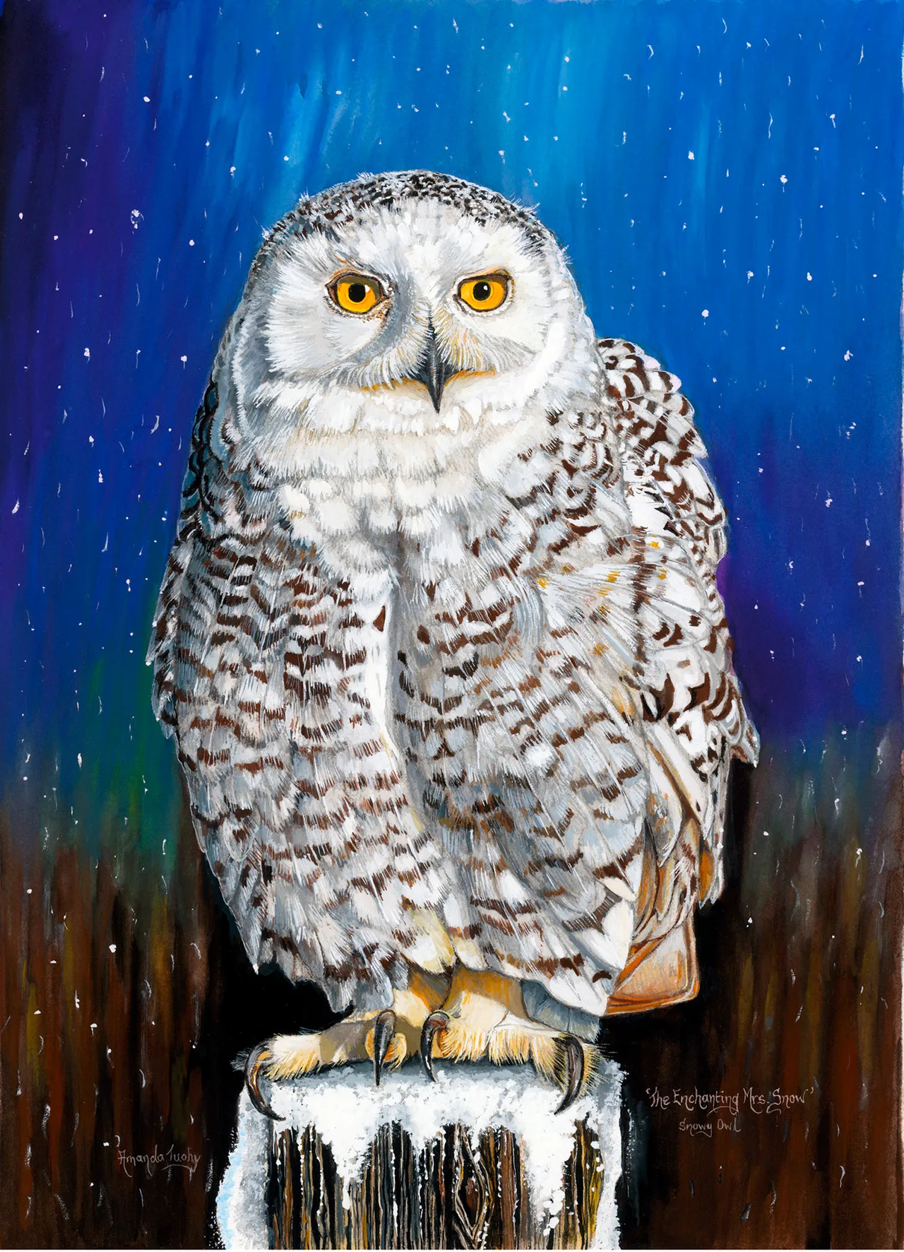 A snowy owl with yellow eyes and white plumage barred with dark brown stands on a snow-capped post as snow falls, against a deep blue and violet night sky.