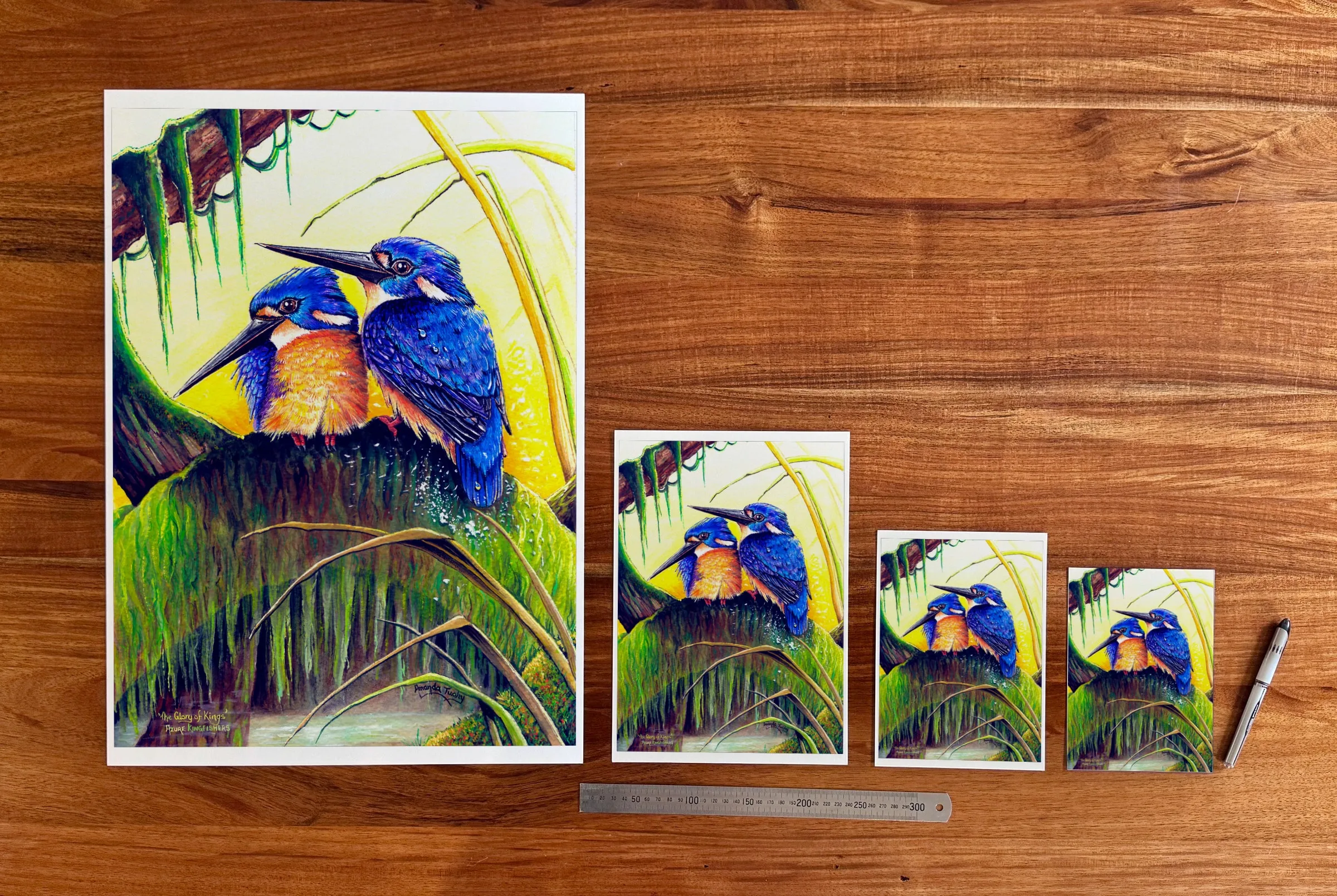 The Glory of Kings at each available size: A2 (420 × 594 mm), A4, A5 and 5 × 7 in (127 × 178 mm), beside a 30 cm ruler.
