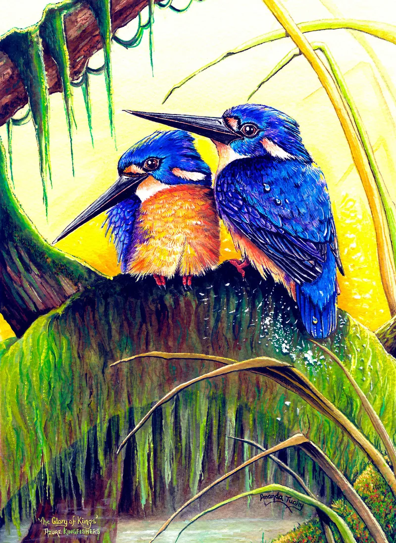 Two azure kingfishers with deep blue backs and orange chests perch side by side on a moss-draped branch above water, among long curving grasses, against a bright yellow sky.