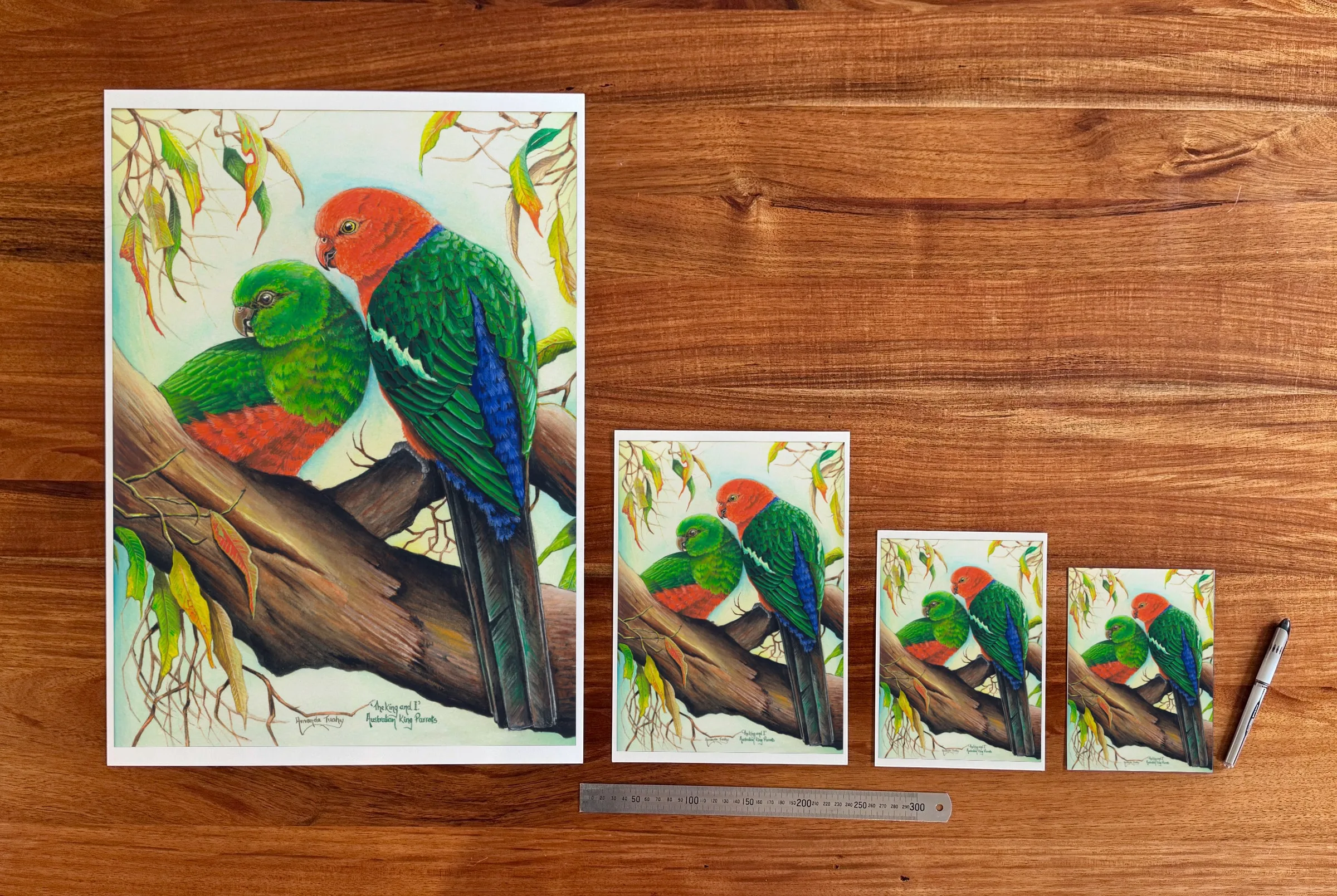 The King and I at each available size: A2 (420 × 594 mm), A4, A5 and 5 × 7 in (127 × 178 mm), beside a 30 cm ruler.