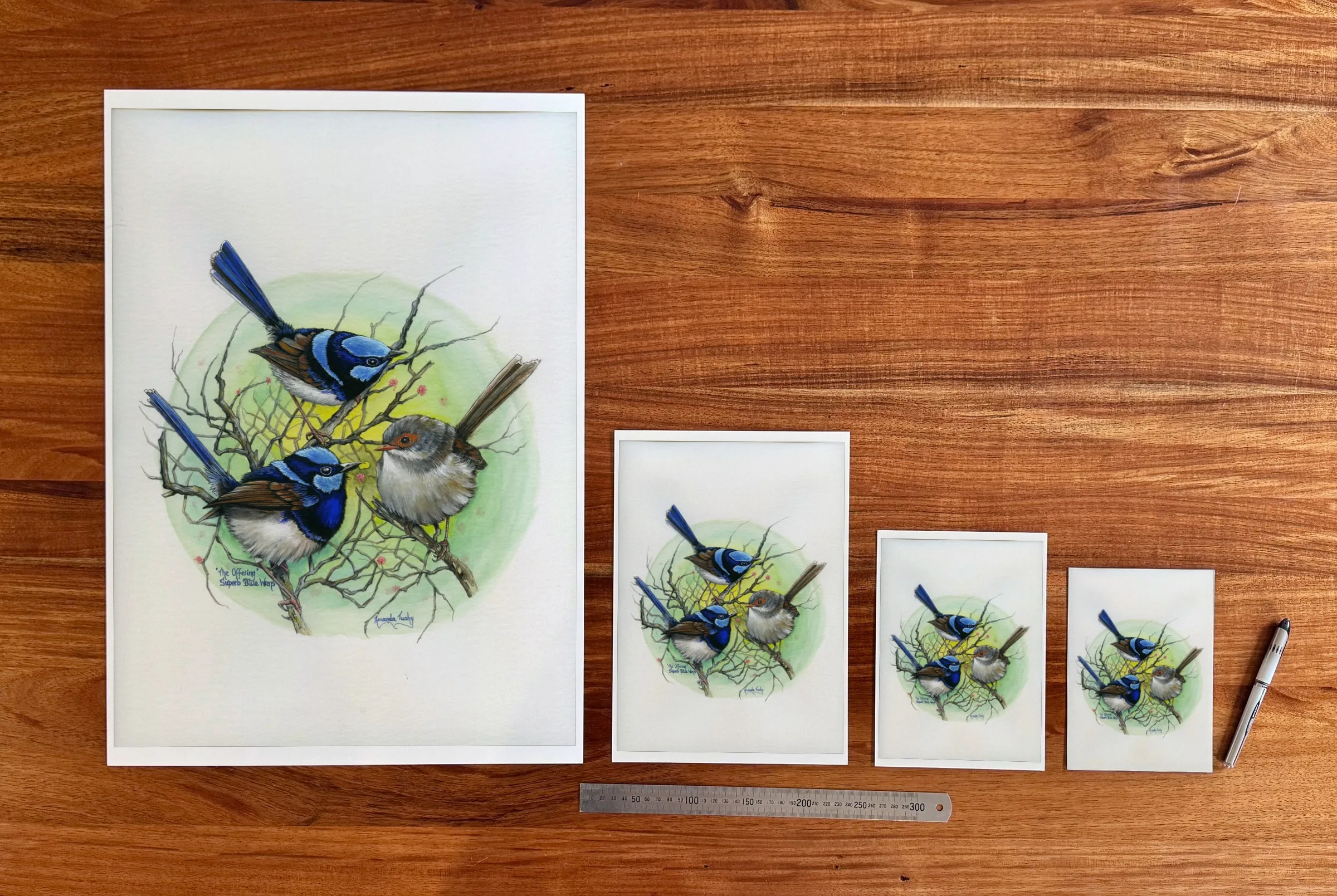 The Offering at each available size: A2 (420 × 594 mm), A4, A5 and 5 × 7 in (127 × 178 mm), beside a 30 cm ruler.