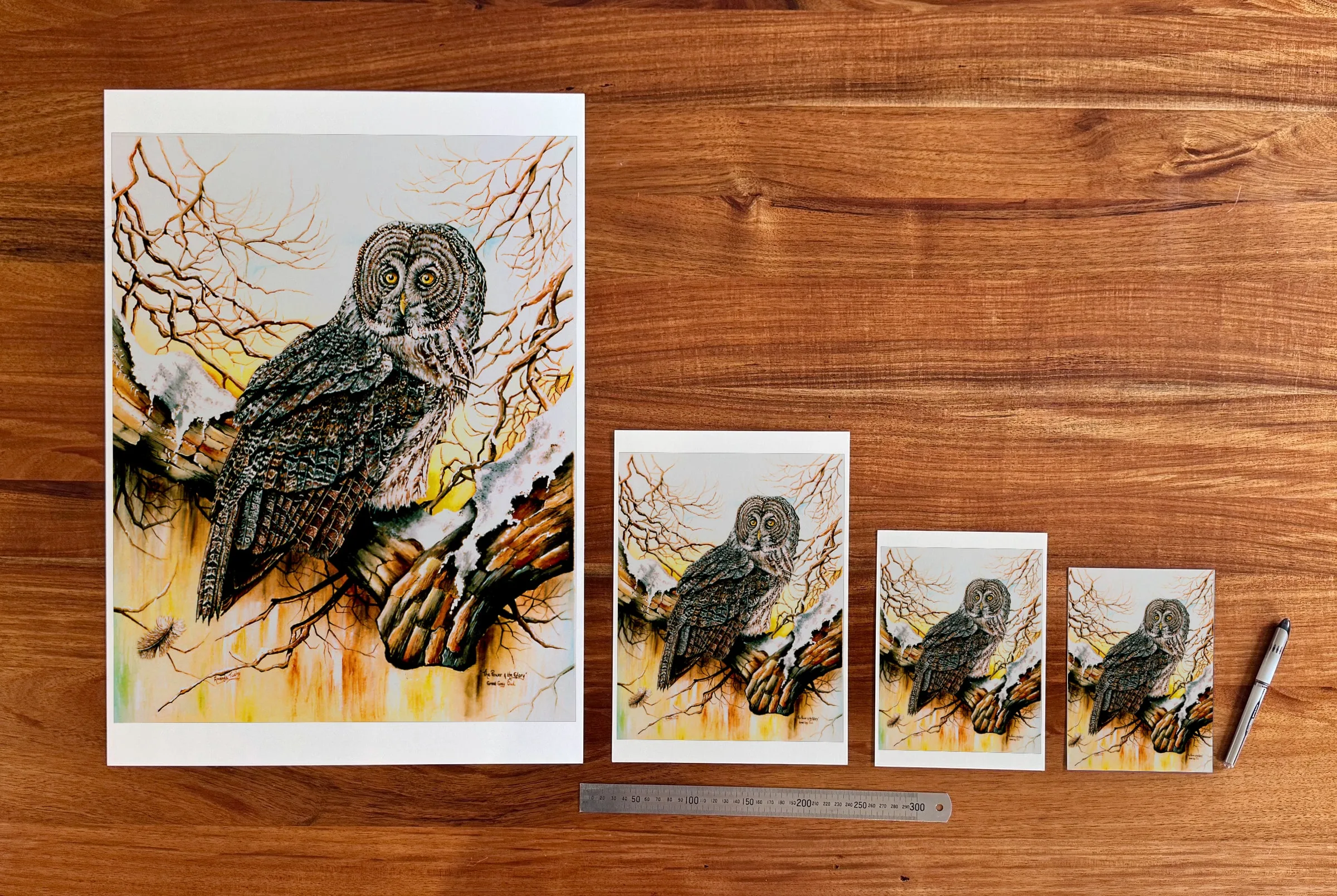 The Power and the Glory at each available size: A2 (420 × 594 mm), A4, A5 and 5 × 7 in (127 × 178 mm), beside a 30 cm ruler.